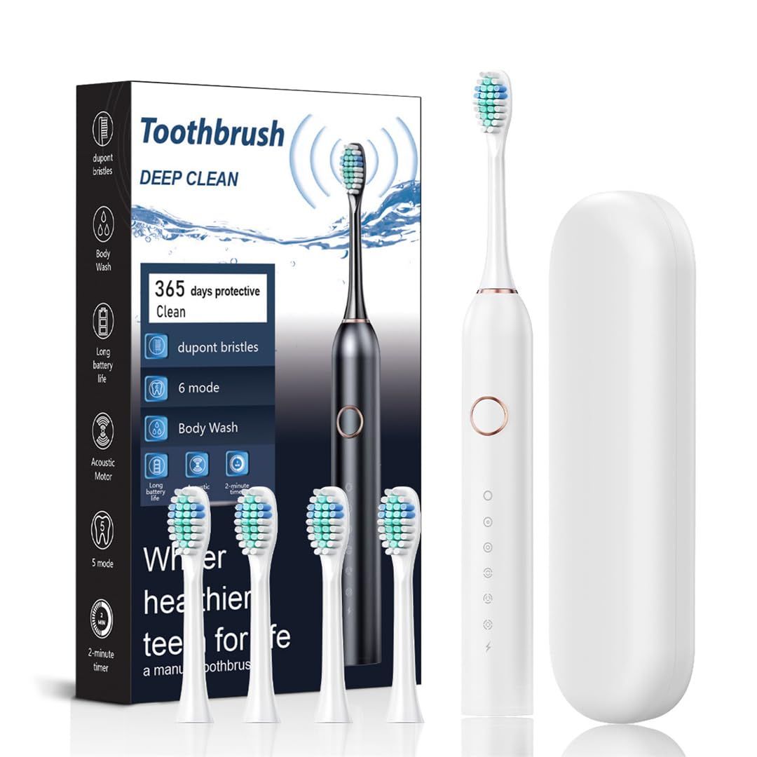 Adult Electric Toothbrush, Soft Bristle, 6 Modes, 4 Brush Heads, 2-Minute Timer, IPX7 Waterproof, USB Rechargeable with Travel Case, for Sensitive Gums(Pink)