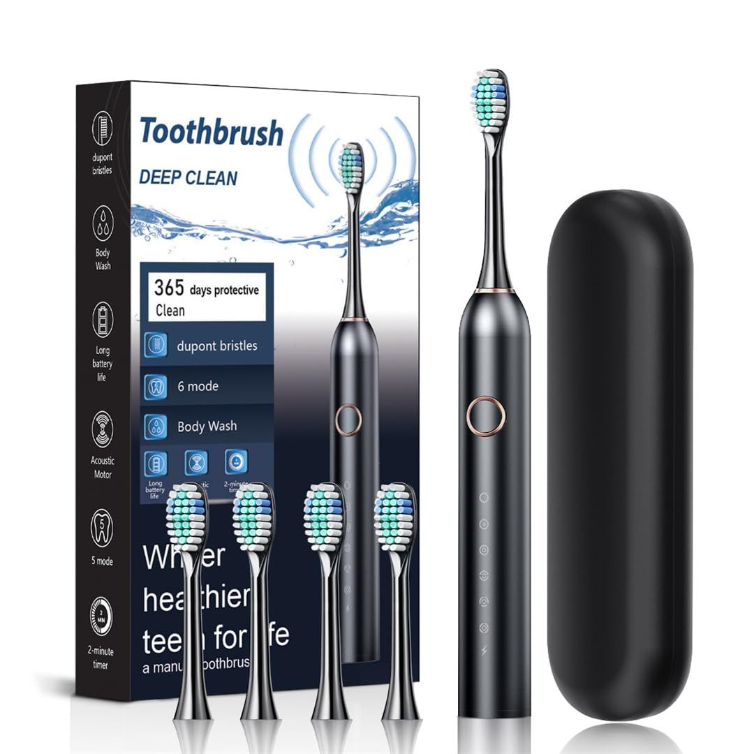 Adult Electric Toothbrush, Soft Bristle, 6 Modes, 4 Brush Heads, 2-Minute Timer, IPX7 Waterproof, USB Rechargeable with Travel Case, for Sensitive Gums(White)