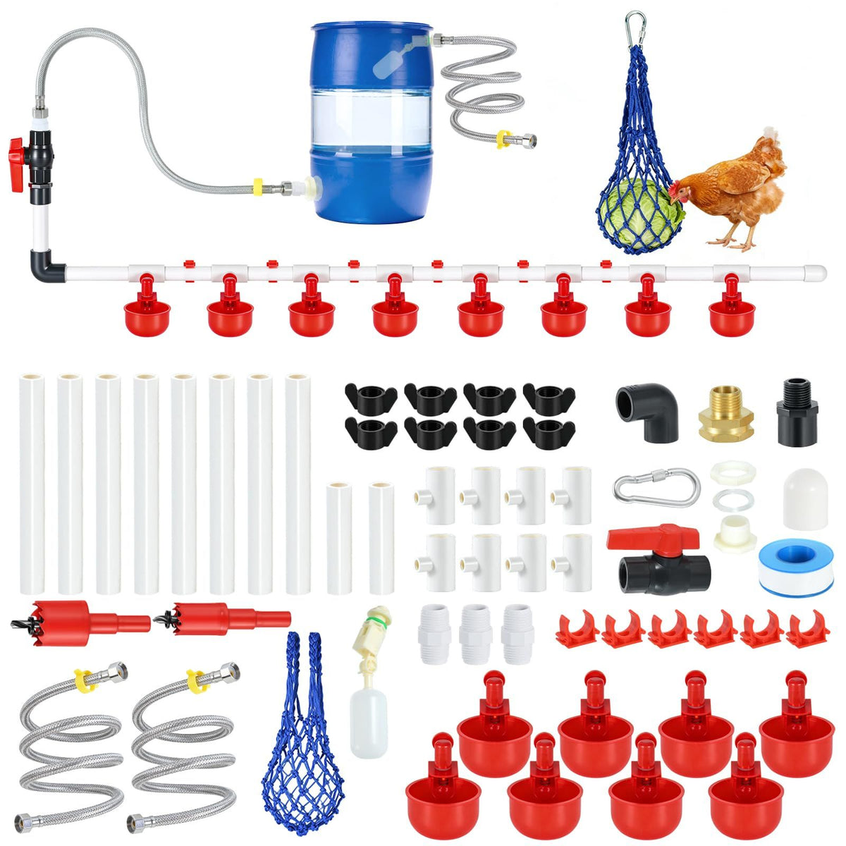 57 Pcs Automatic Chicken Waterer System Set, Chicken Watering Kit with 8 Water Cups & Float Valve, Poultry Water System for Chickens, Ducks & Quail – Bucket Not Included(red)