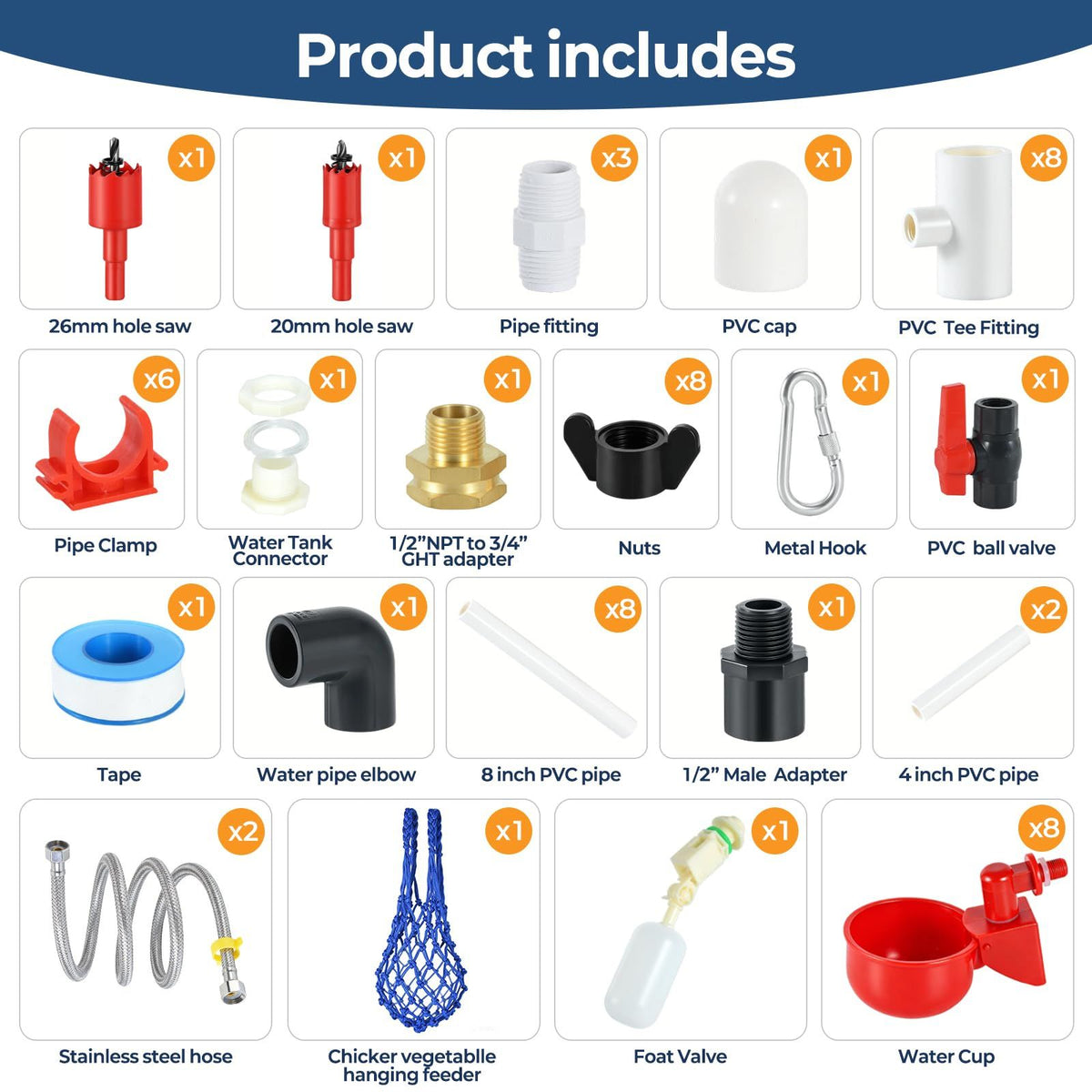 57 Pcs Automatic Chicken Waterer System Set, Chicken Watering Kit with 8 Water Cups & Float Valve, Poultry Water System for Chickens, Ducks & Quail – Bucket Not Included(red)