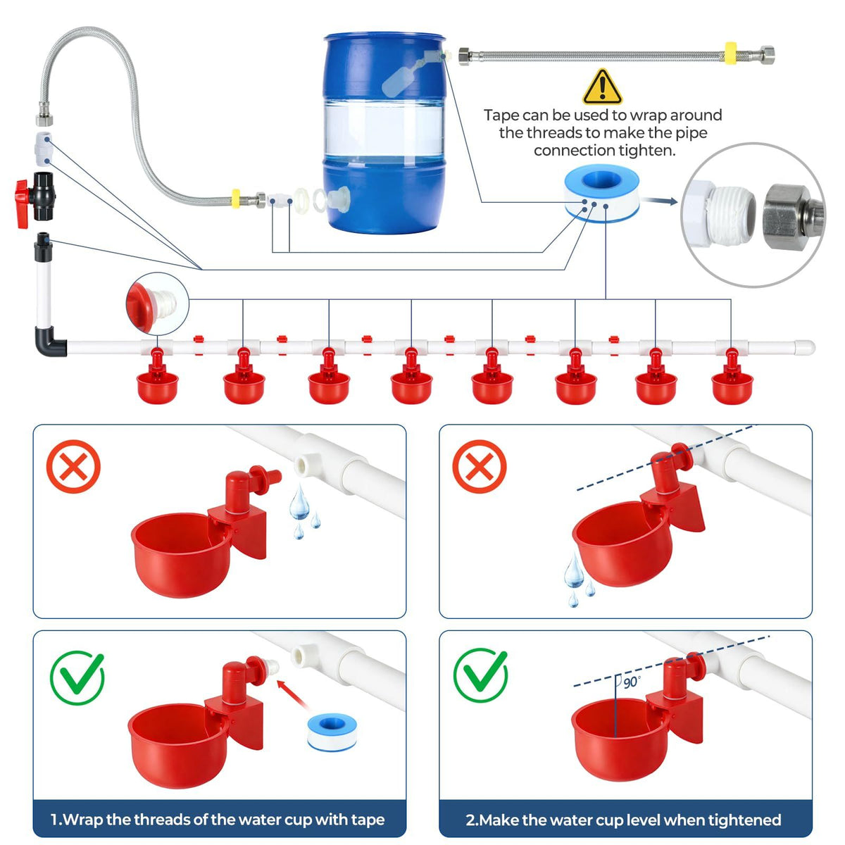 57 Pcs Automatic Chicken Waterer System Set, Chicken Watering Kit with 8 Water Cups & Float Valve, Poultry Water System for Chickens, Ducks & Quail – Bucket Not Included(red)