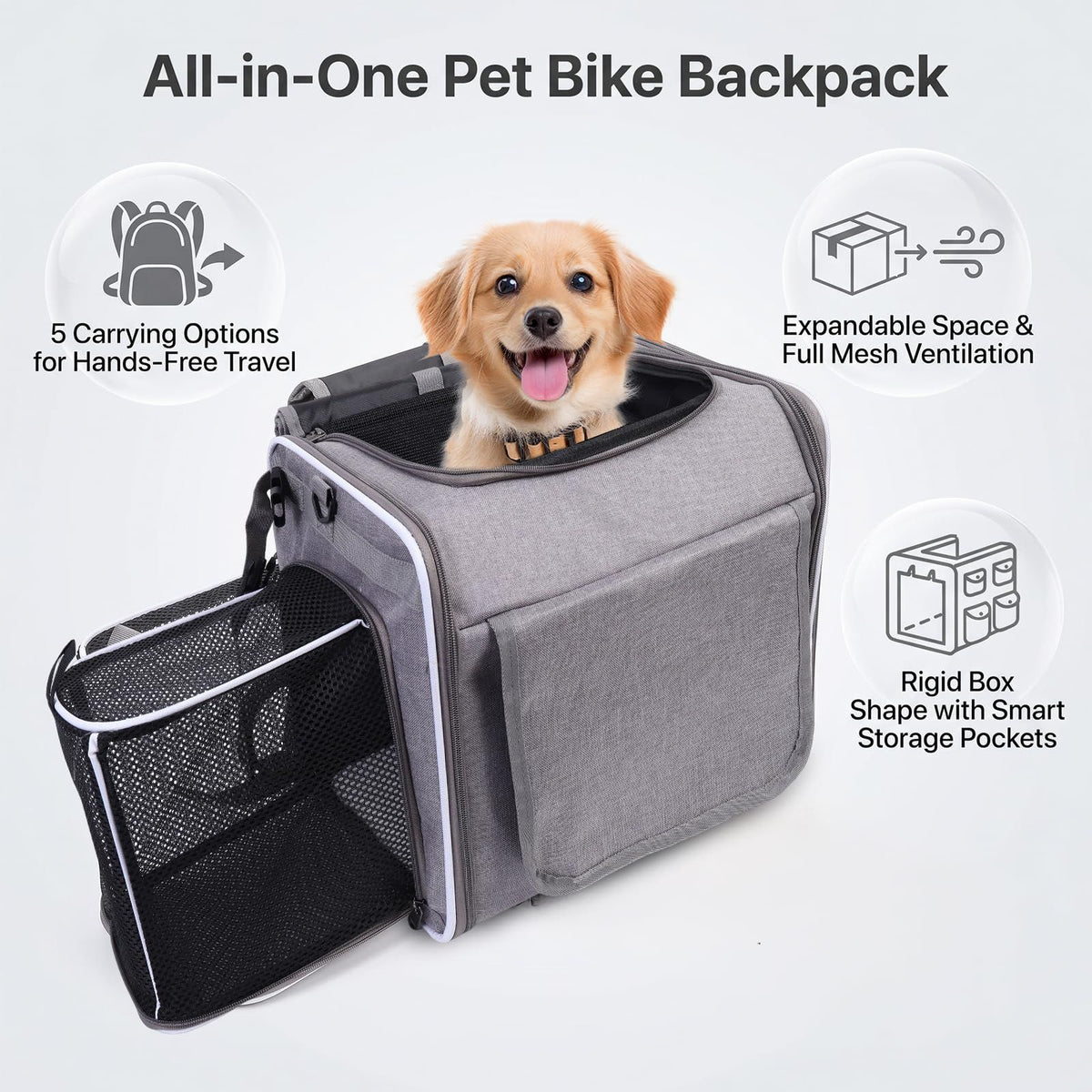 Dog Bike Basket Pet Carrier Backpack 3-in-1, Foldable Expandable Cat Carrier for Bicycle Handlebar, Soft-Sided Breathable Mesh Travel Bag for Small Dogs Cats Up to 18 lbs(gray)