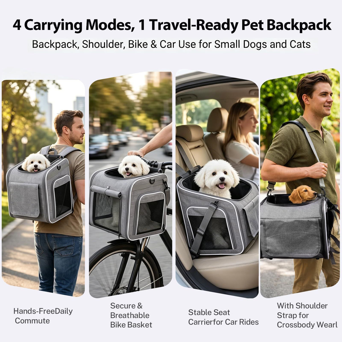 Dog Bike Basket Pet Carrier Backpack 3-in-1, Foldable Expandable Cat Carrier for Bicycle Handlebar, Soft-Sided Breathable Mesh Travel Bag for Small Dogs Cats Up to 18 lbs(gray)