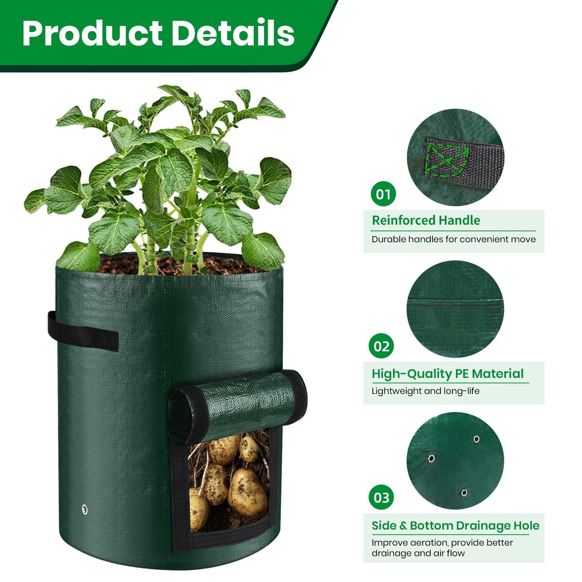 10 Gallon 3-Pack Grow Bags, Durable PE Fabric Pots with Flap and Handles, Green Planter Bags for Potato Vegetables Flowers Herbs Garden Outdoor, 17.7''x13.8'' Large for All Plants Growing(Olive Green)