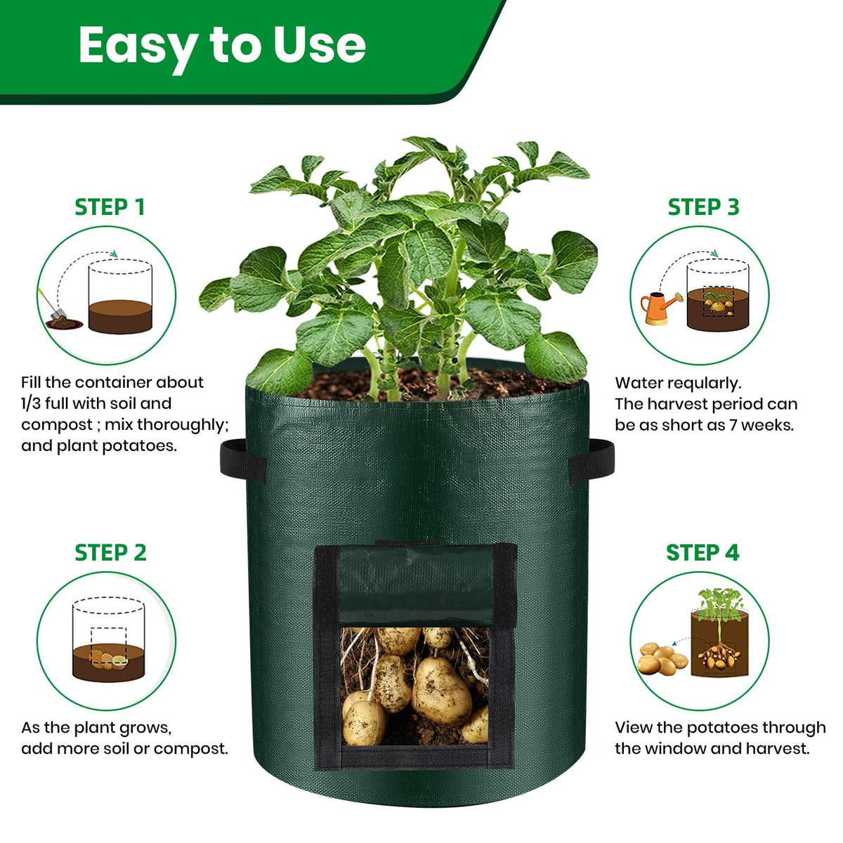 10 Gallon 3-Pack Grow Bags, Durable PE Fabric Pots with Flap and Handles, Green Planter Bags for Potato Vegetables Flowers Herbs Garden Outdoor, 17.7''x13.8'' Large for All Plants Growing(Olive Green)