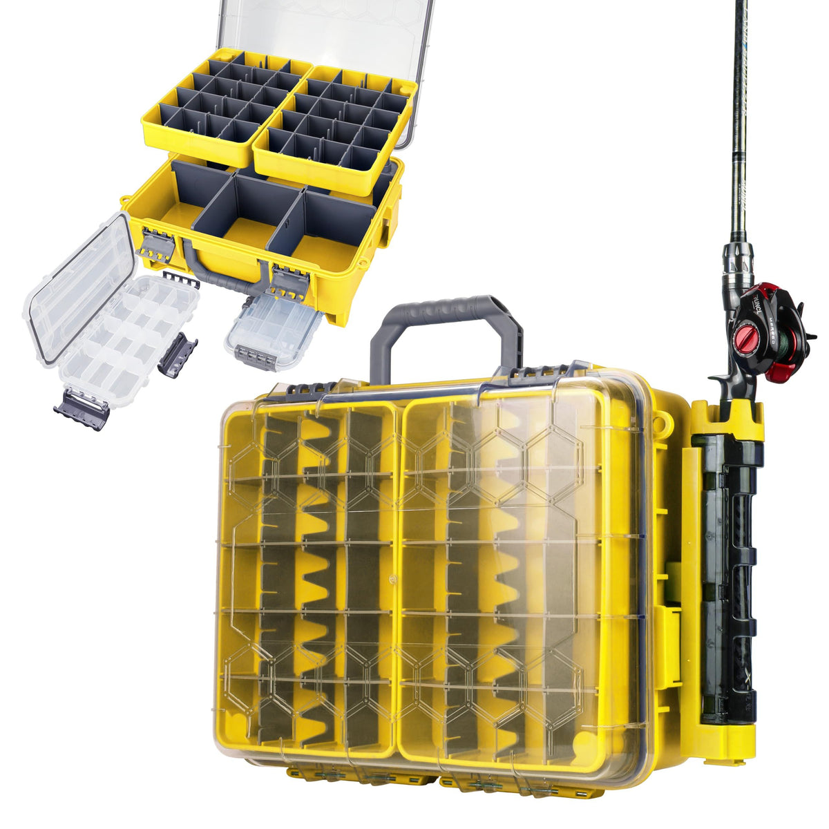 Upgraded Large Capacity Waterproof Floating Tackle Box with Rod Holder, Airtight Organizer with Removable Trays for Lures Hooks Baits, Durable Fishing Gear Storage Gift for Anglers(Yellow)