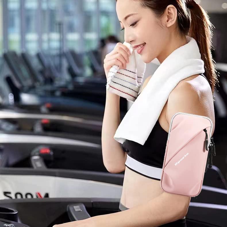 Universal Running Phone Arm Band – Waterproof, Dual Pocket, Adjustable Strap, Breathable Mesh, Fits Phones Up to 6.7 Inches, Crossbody & Waist Clip (Pink)