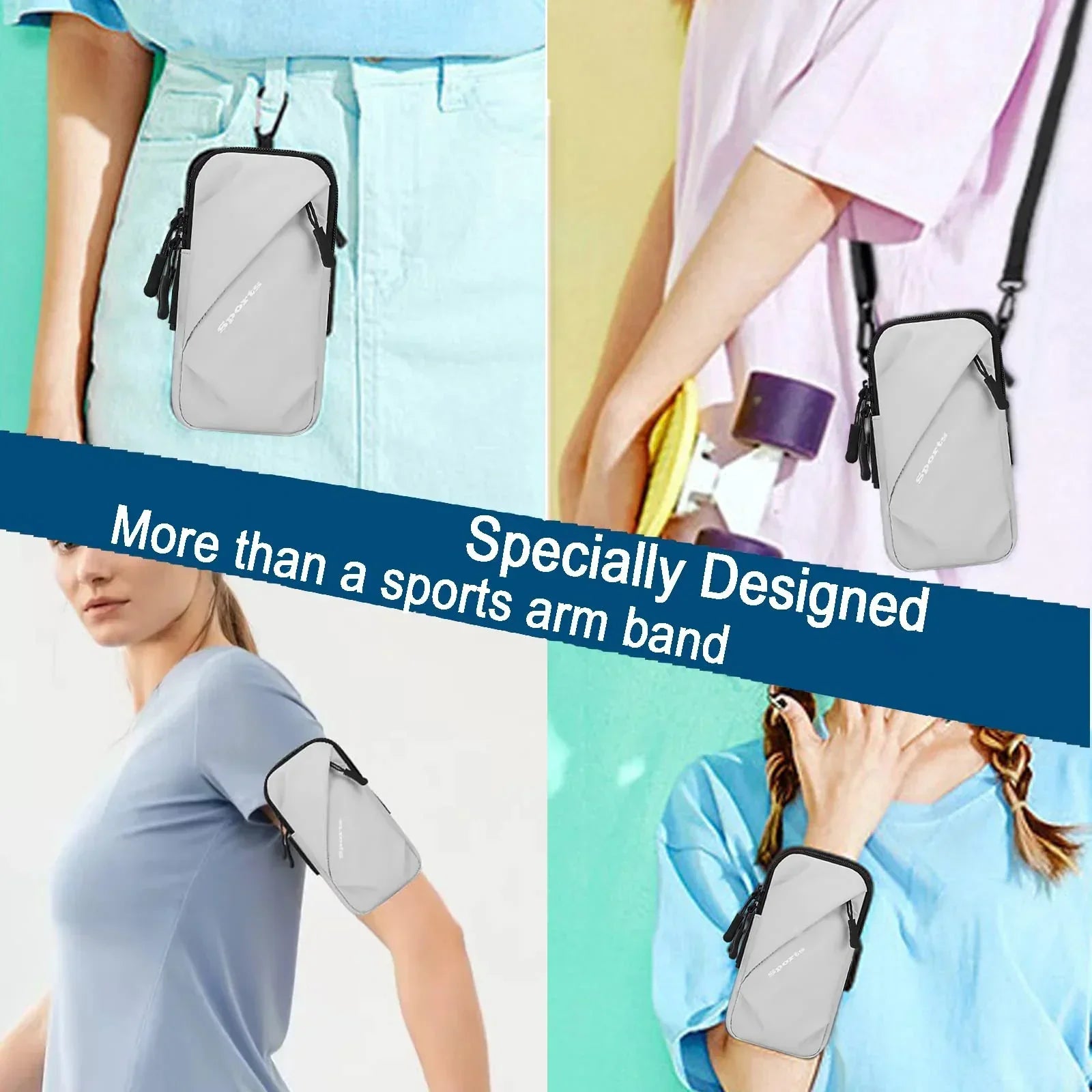 Universal Running Phone Arm Band – Waterproof, Dual Pocket, Adjustable Strap, Breathable Mesh, Fits Phones Up to 6.7 Inches, Crossbody & Waist Clip (Grey)