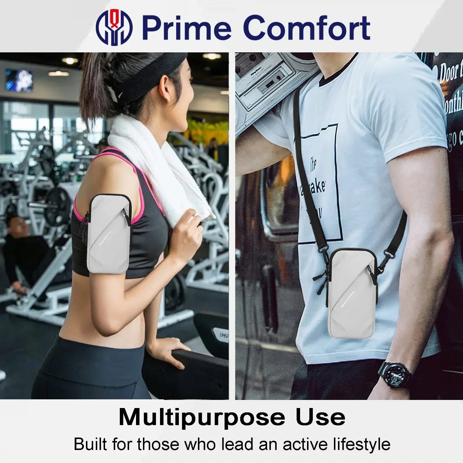 Universal Running Phone Arm Band – Waterproof, Dual Pocket, Adjustable Strap, Breathable Mesh, Fits Phones Up to 6.7 Inches, Crossbody & Waist Clip (Grey)