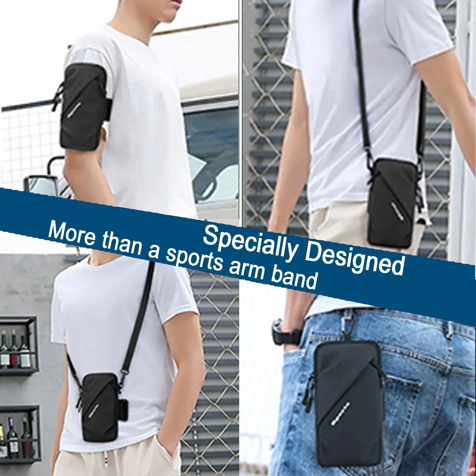 Universal Running Phone Arm Band – Waterproof, Dual Pocket, Adjustable Strap, Breathable Mesh, Fits Phones Up to 6.7 Inches, Crossbody & Waist Clip (Black)
