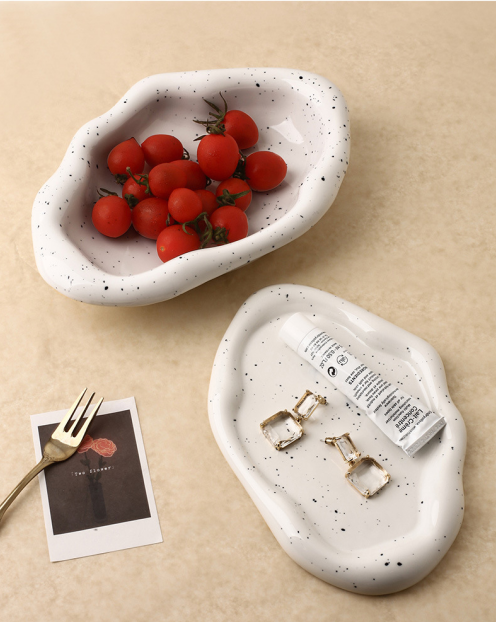 Speckled White Ceramic Tray Set (Round+Long+Irregular) – Jewelry Organizer & Fruit Dish for Home Decor | Other Styles Available in Store