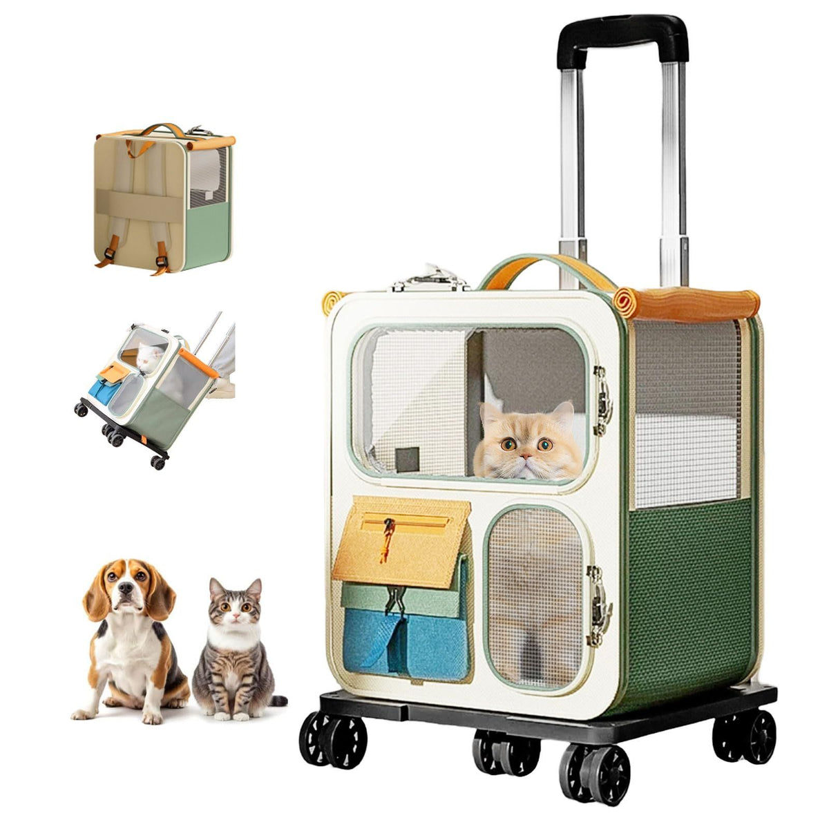 Cat Carrier with Wheels, Folding Rolling Pets Carrier on Wheel Soft Pet Handbag Cats Backpack, Dog Carriers up to 23 LBs Removable Cat Bag for Small Dogs Medium Cats Outing(Green)