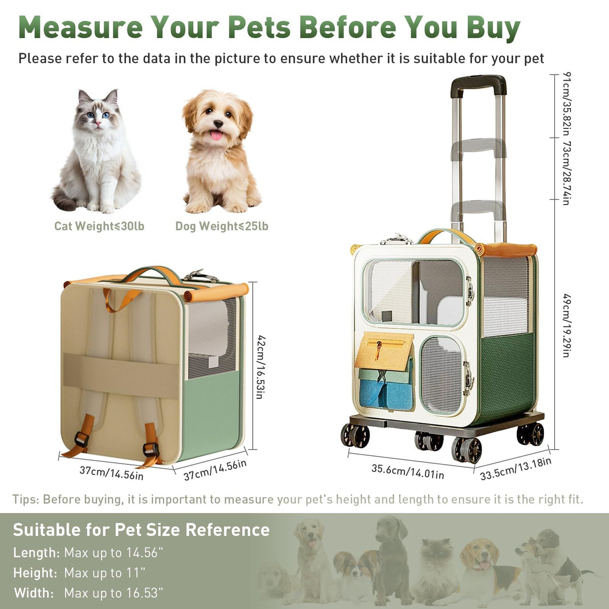 Cat Carrier with Wheels, Folding Rolling Pets Carrier on Wheel Soft Pet Handbag Cats Backpack, Dog Carriers up to 23 LBs Removable Cat Bag for Small Dogs Medium Cats Outing(Green)
