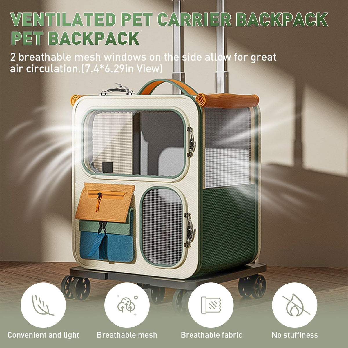Cat Carrier with Wheels, Folding Rolling Pets Carrier on Wheel Soft Pet Handbag Cats Backpack, Dog Carriers up to 23 LBs Removable Cat Bag for Small Dogs Medium Cats Outing(Green)