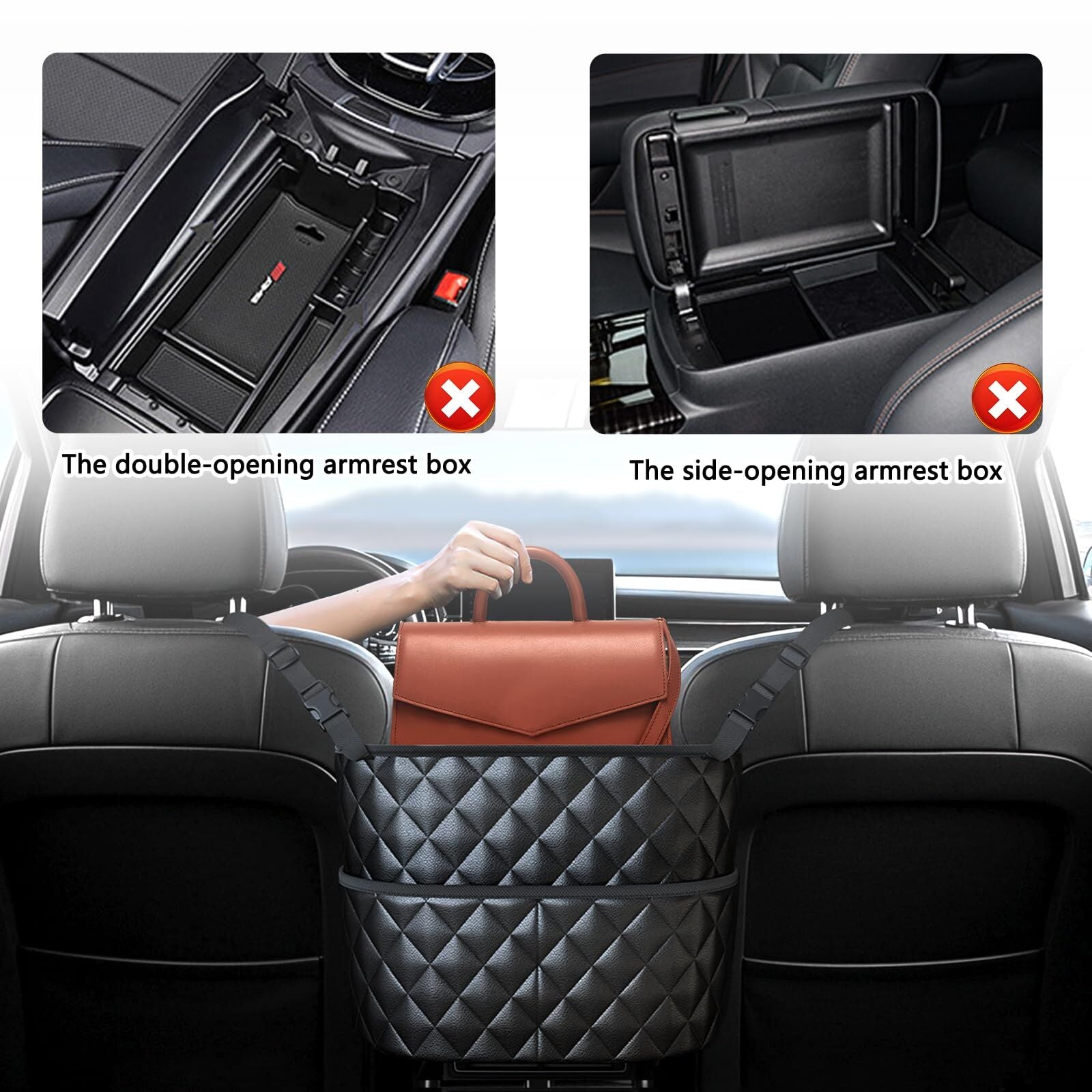 Car Seat Storage Bag: PU Leather Organizer with Hooks – Pet Barrier, Safe Driving Storage for Wallets/Phones (Black)