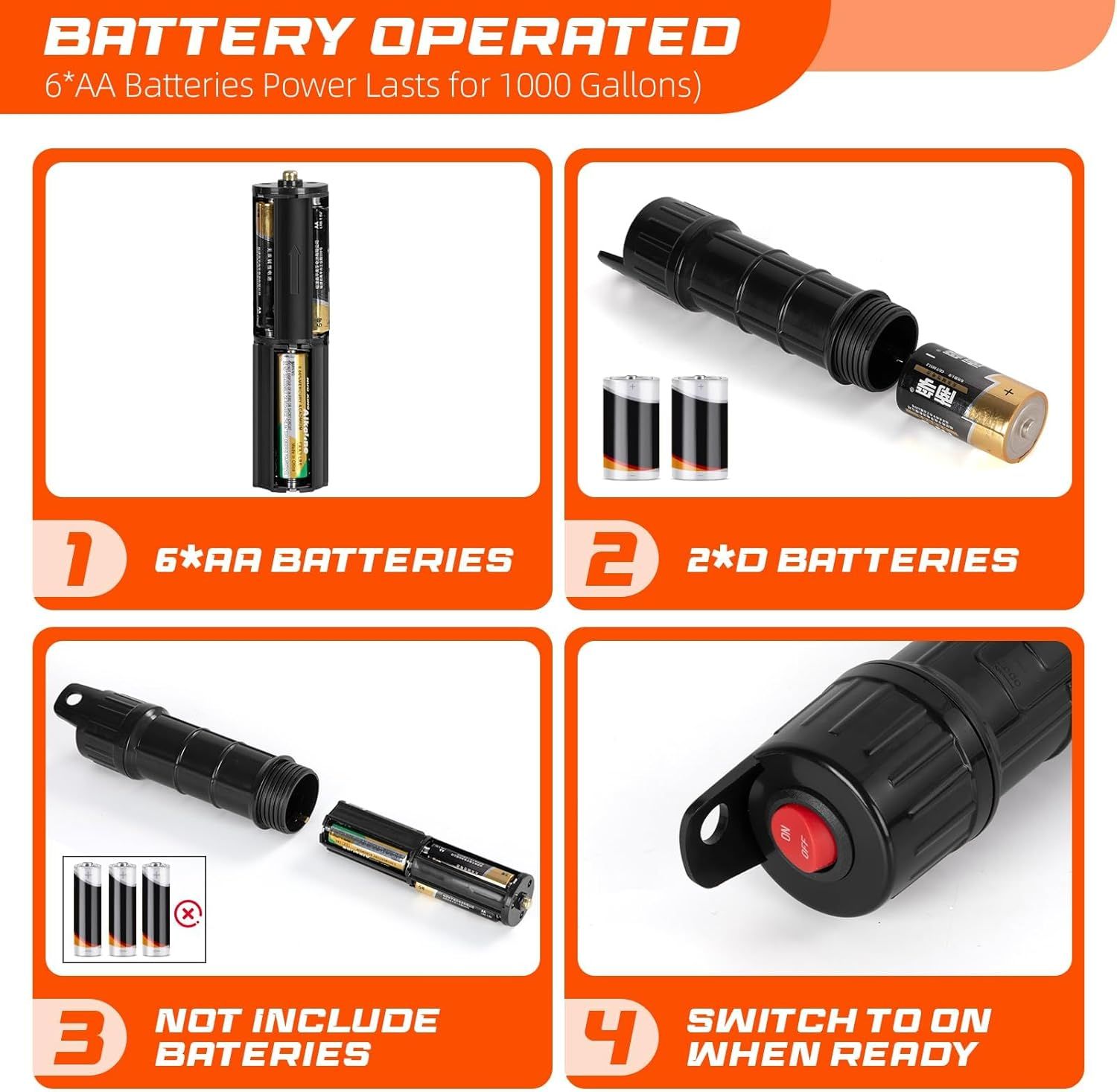 Battery-Powered Liquid Transfer Pump with 47-Inch Reinforced Hose, One-Click Switch, Hanging Hook, Dual Battery Compatibility (AA or D), for Water, Diesel, and Light Oils – Portable Design (Orange)
