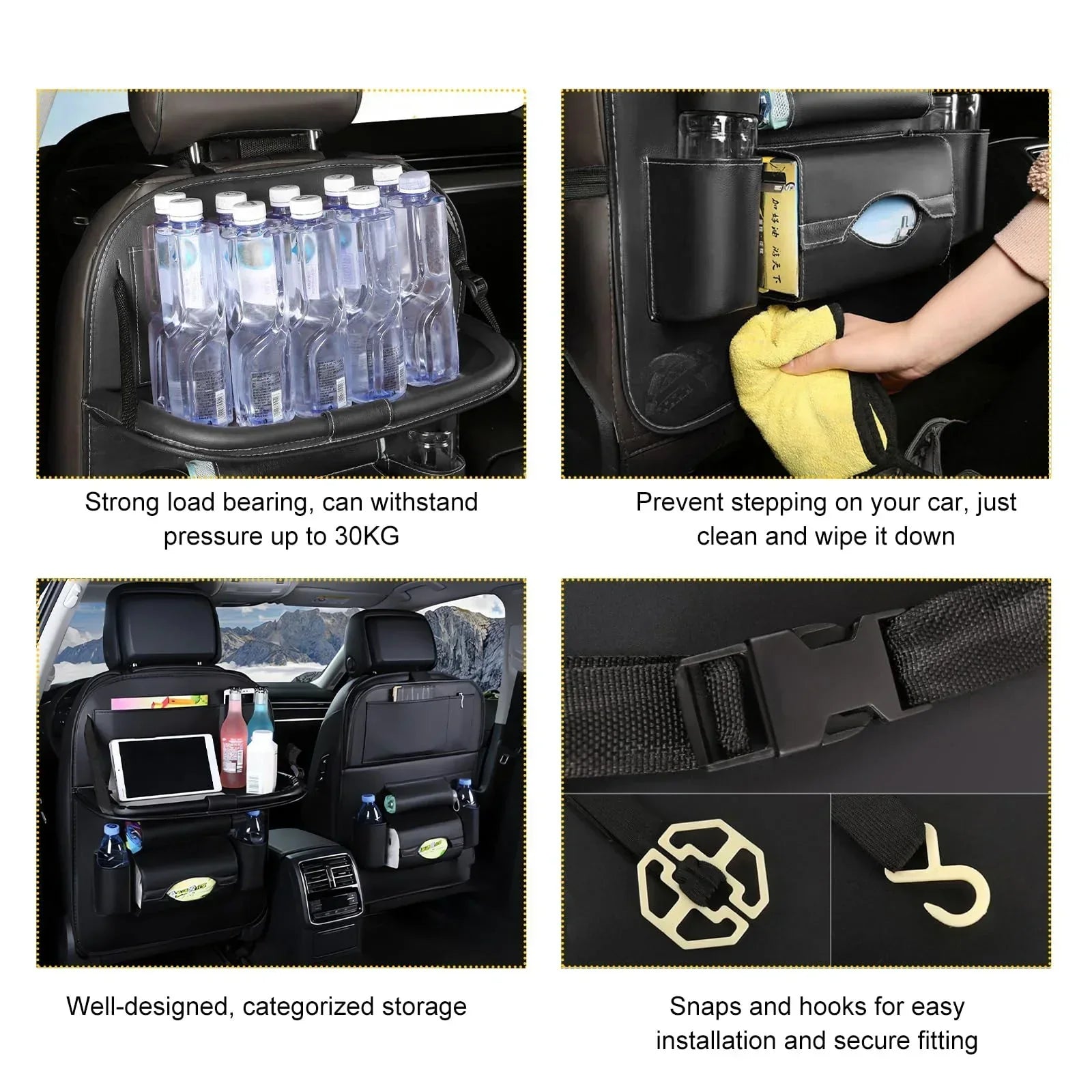 Car Back Seat Organizer with Foldable Table Tray – Universal Rear Seat Storage Bag, Multi-Pocket Holder for Tablet, Drinks & Essentials (Black)