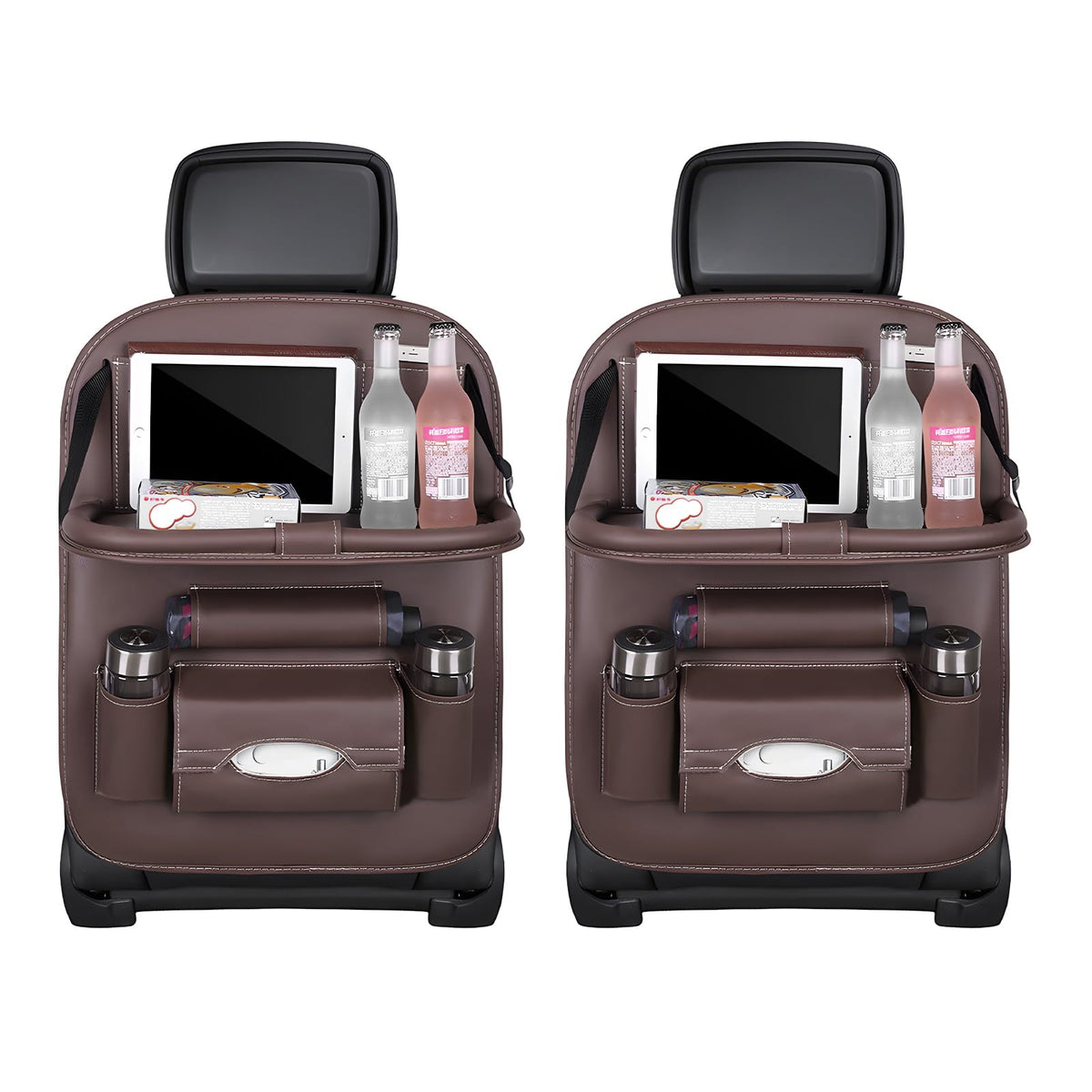 Car Back Seat Organizer with Foldable Table Tray – Universal Rear Seat Storage Bag, Multi-Pocket Holder for Tablet, Drinks & Essentials (Coffee)