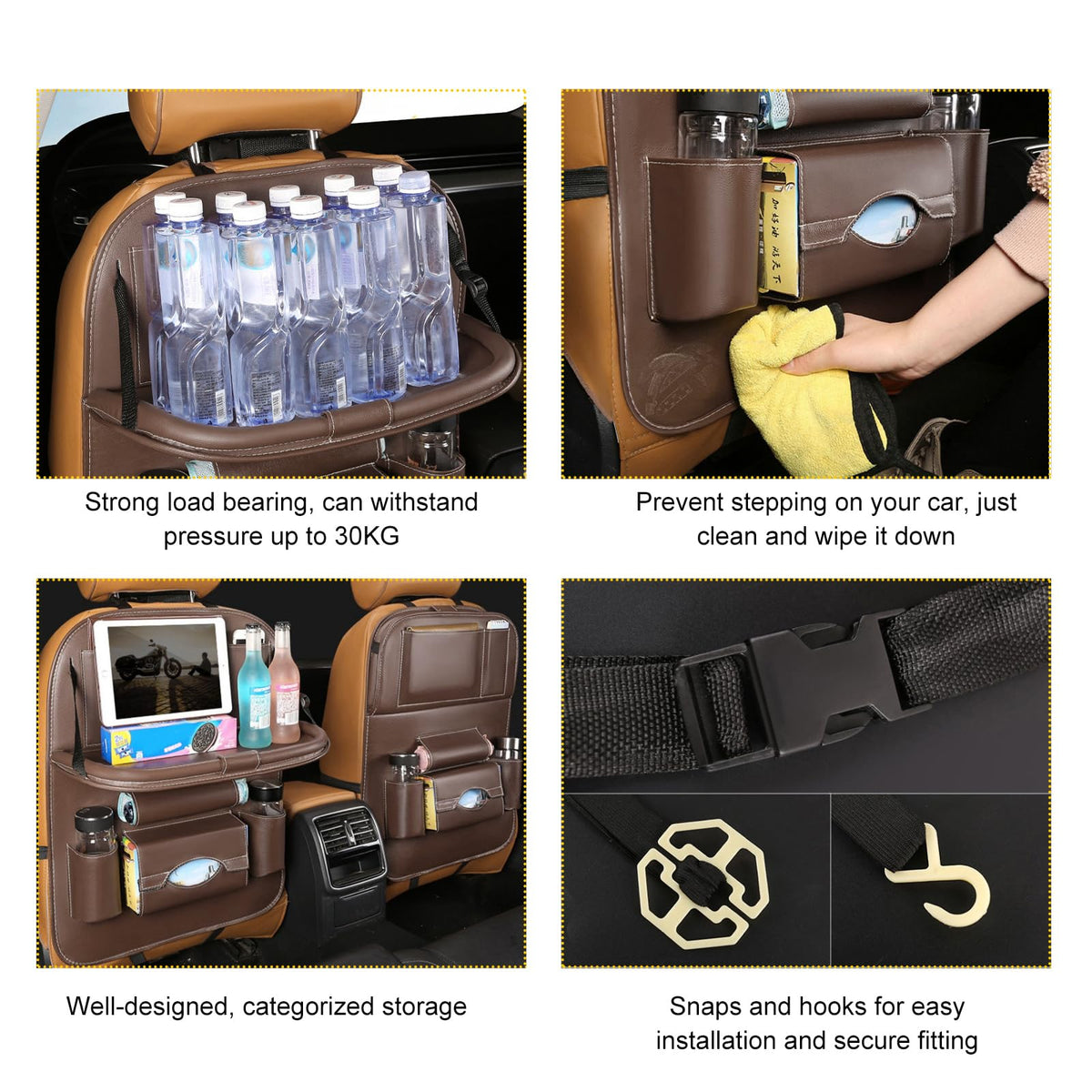 Car Back Seat Organizer with Foldable Table Tray – Universal Rear Seat Storage Bag, Multi-Pocket Holder for Tablet, Drinks & Essentials (Coffee)
