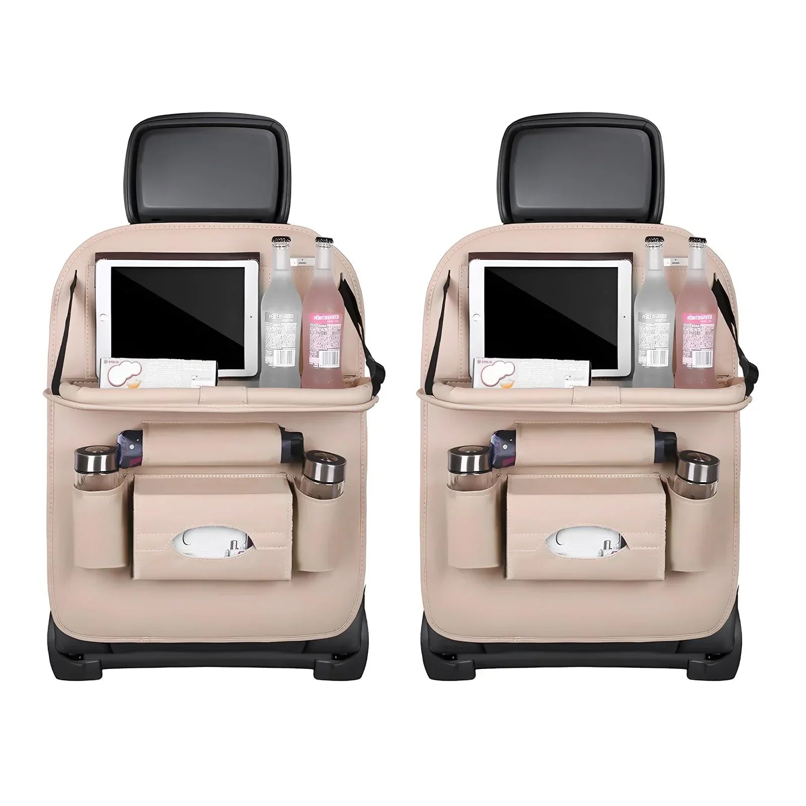 Car Back Seat Organizer with Foldable Table Tray – Universal Rear Seat Storage Bag, Multi-Pocket Holder for Tablet, Drinks & Essentials (Beige)