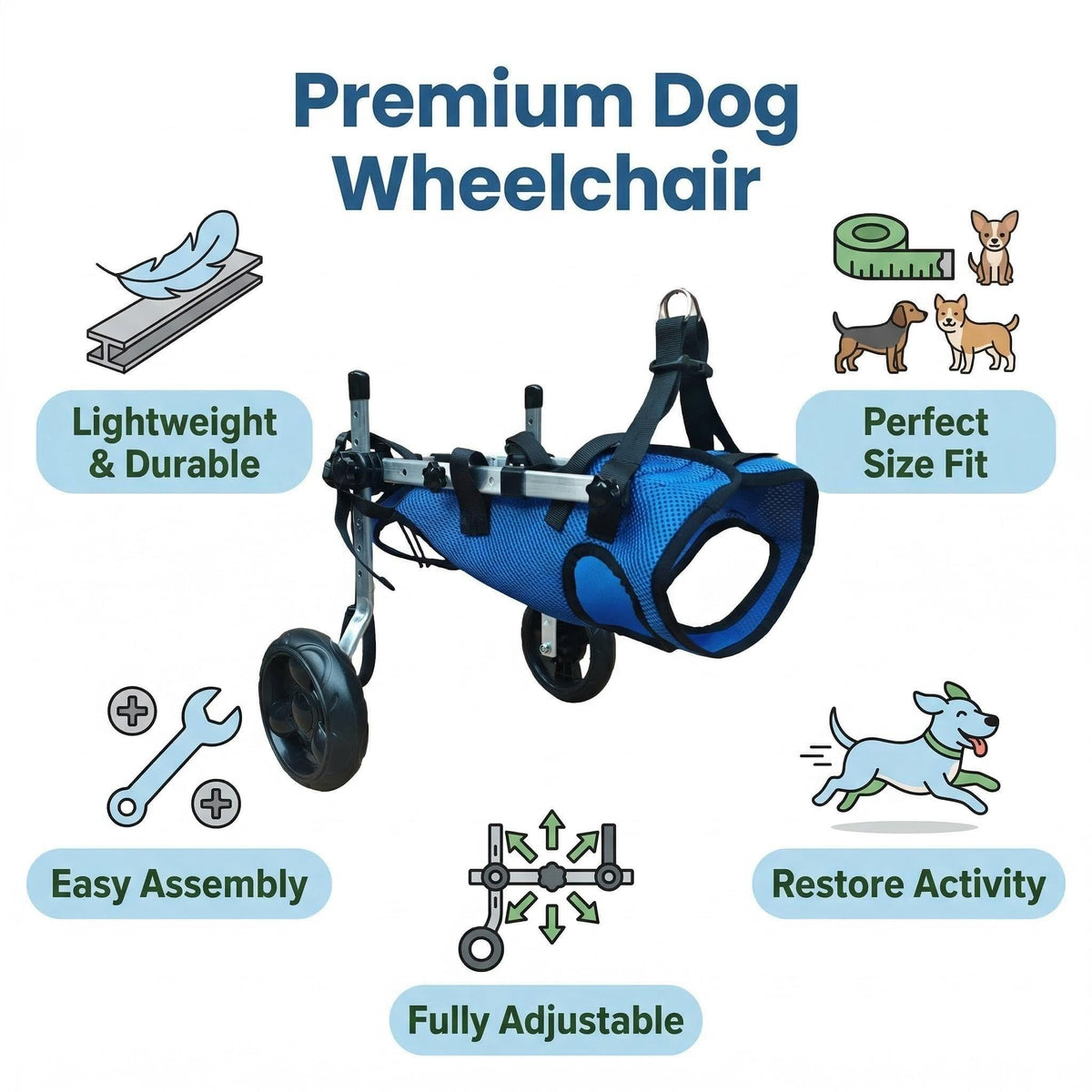 Medium Adjustable Dog Wheelchair - Mobility Aid for Disabled Pets with Back Leg Issues - Leg Brace & Hip Support(blue)