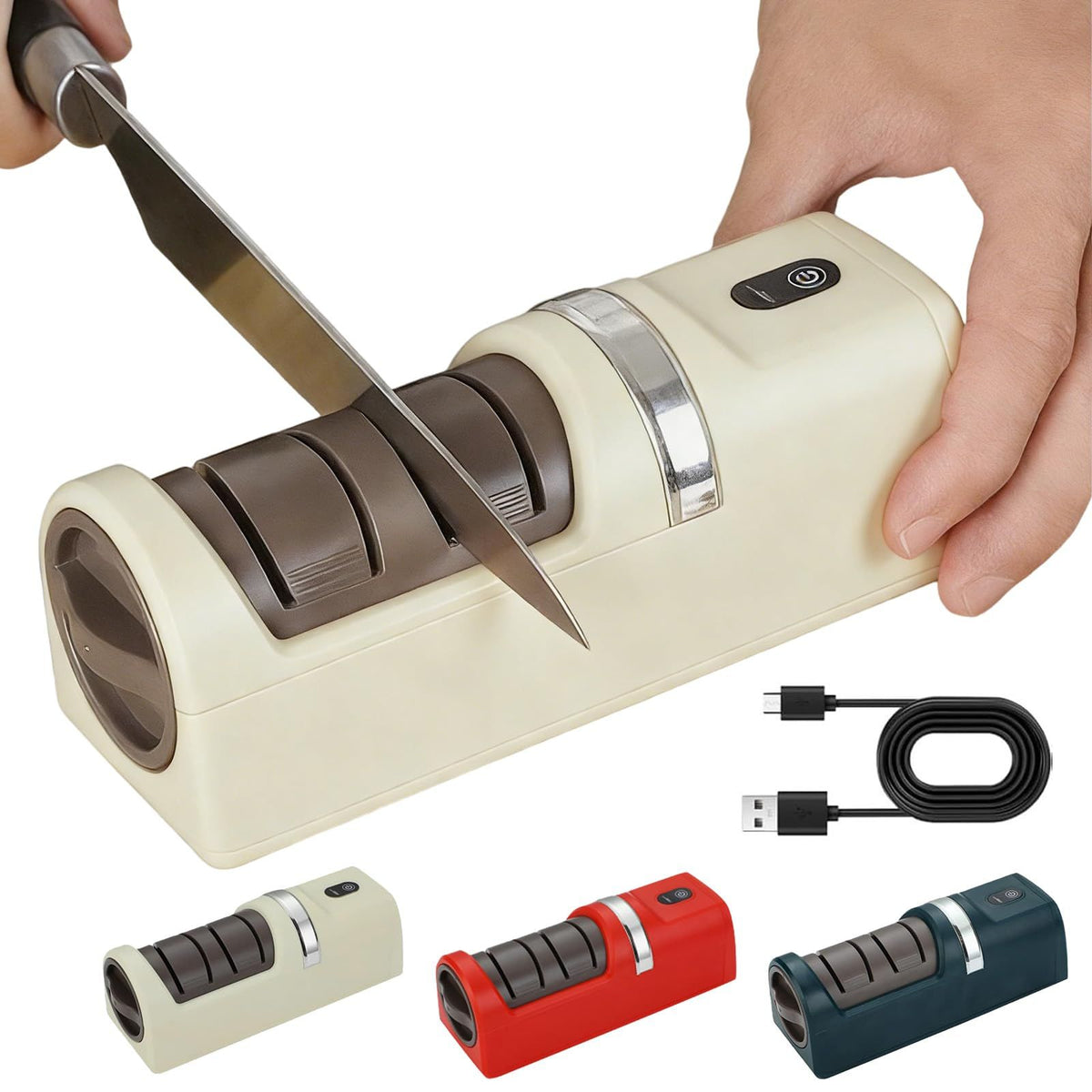 Automatic Kitchen Knife Sharpener - New Cordless Electric Knife Sharpener Tool with Diamond Wheel & Suction Base for All Kitchen Knives & Scissors | Diamond Abrasive Wheels(Red)