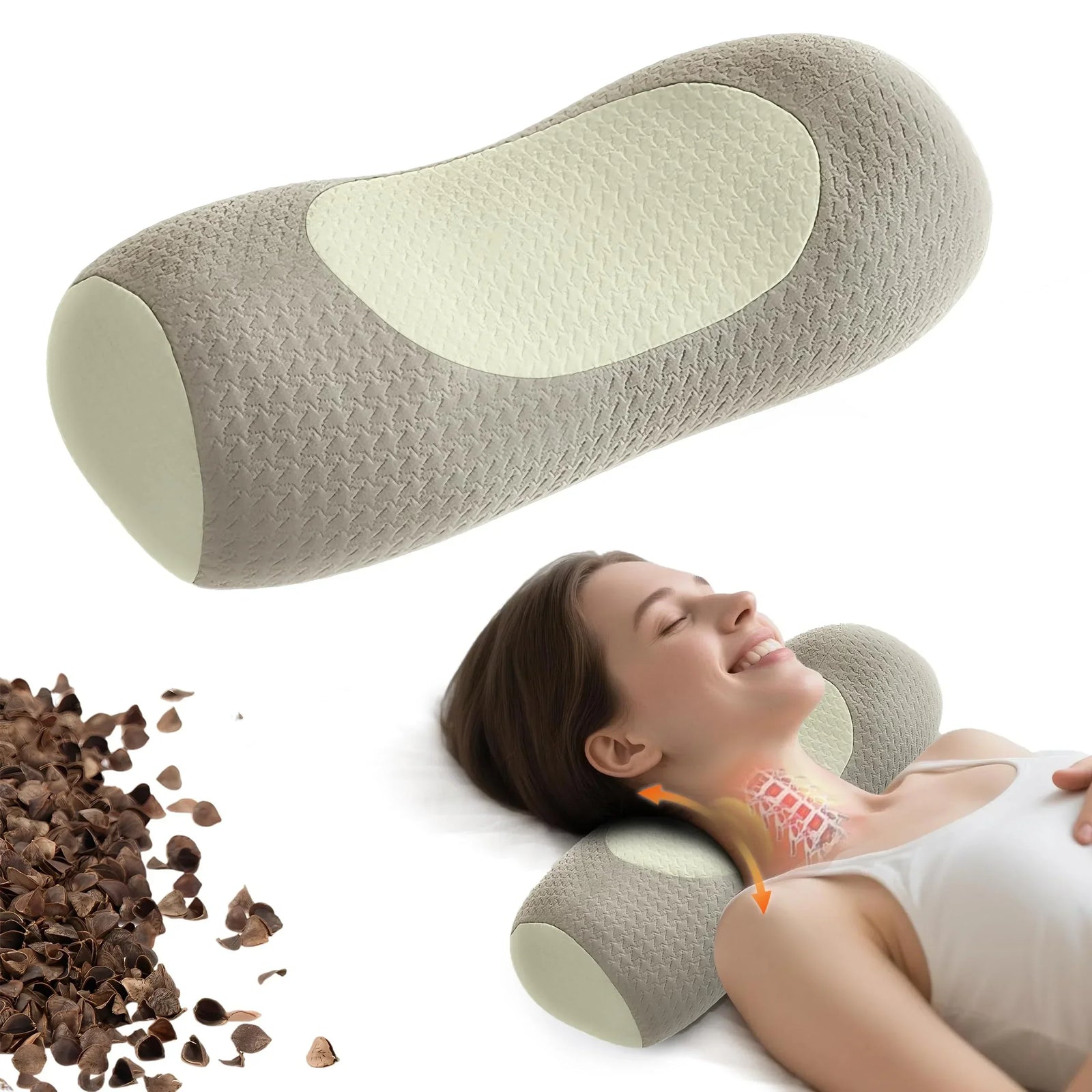 Organic Buckwheat Cervical Pillow – Ergonomic Neck Support for Side and Back Sleepers, Adjustable Firmness with Removable Cover, Natural Pain Relief for Neck and Shoulder Tension (Warm White)