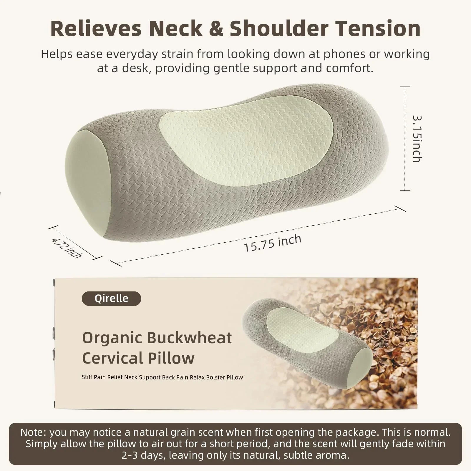 Organic Buckwheat Cervical Pillow – Ergonomic Neck Support for Side and Back Sleepers, Adjustable Firmness with Removable Cover, Natural Pain Relief for Neck and Shoulder Tension (Warm White)