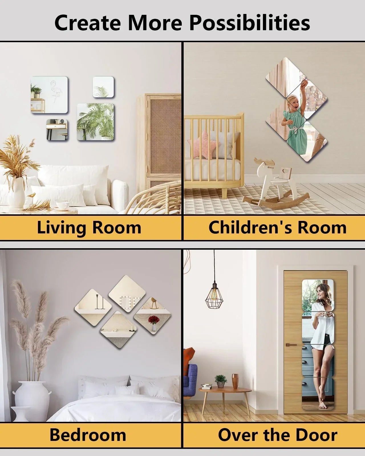 Shatterproof Acrylic Mirror Tiles 4‑Pack – 16