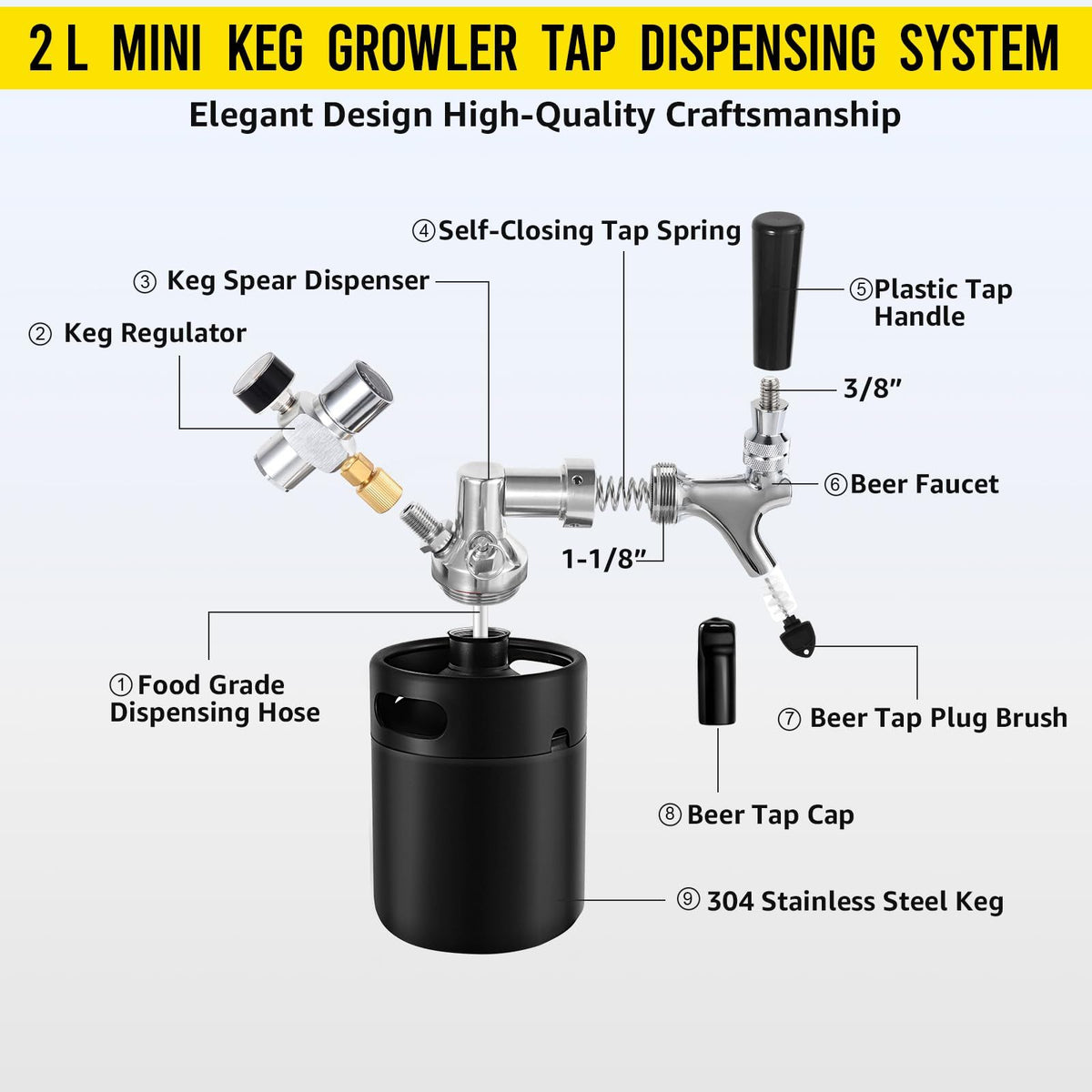 Mini Keg Growler Tap System, 64OZ Pressurized Stainless Steel Beer Keg
Durable Beer Dispenser System, with CO2 Regulator &Self-Closing Faucet, Portable, Keep Fresh, for Homebrew Draft Beer(Black)