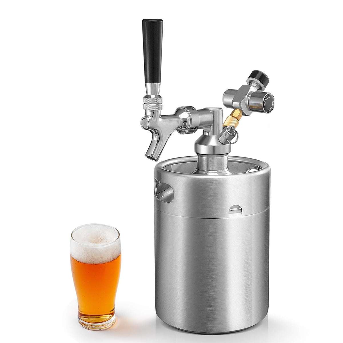 Mini Keg Growler Tap System, 64OZ Pressurized Stainless Steel Beer Keg
Durable Beer Dispenser System, with CO2 Regulator &Self-Closing Faucet, Portable, Keep Fresh, for Homebrew Draft Beer(Black)