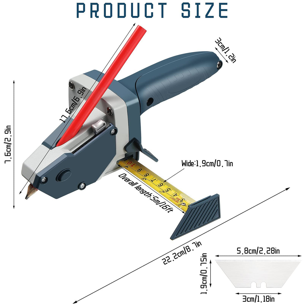 Gypsum Board Cutter with Tape Measure, Pencil and 5 Blades
Multifunctional Panel Cutter for Drywall, Built-in Tape for Precise Cuts, Complete Tool Kit with Replacement Blades(Slate Blue)