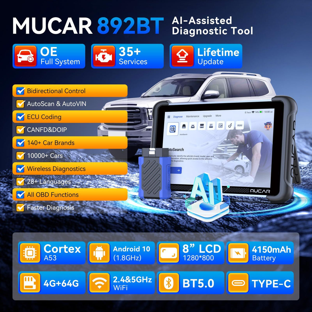 892BT Full System AI Bidirectional Scan Tool, Free Lifetime Updates
OBD2 Scanner,ECU Coding, 35 Services, FCA Autoauth, CANFD and DOIP(Black)