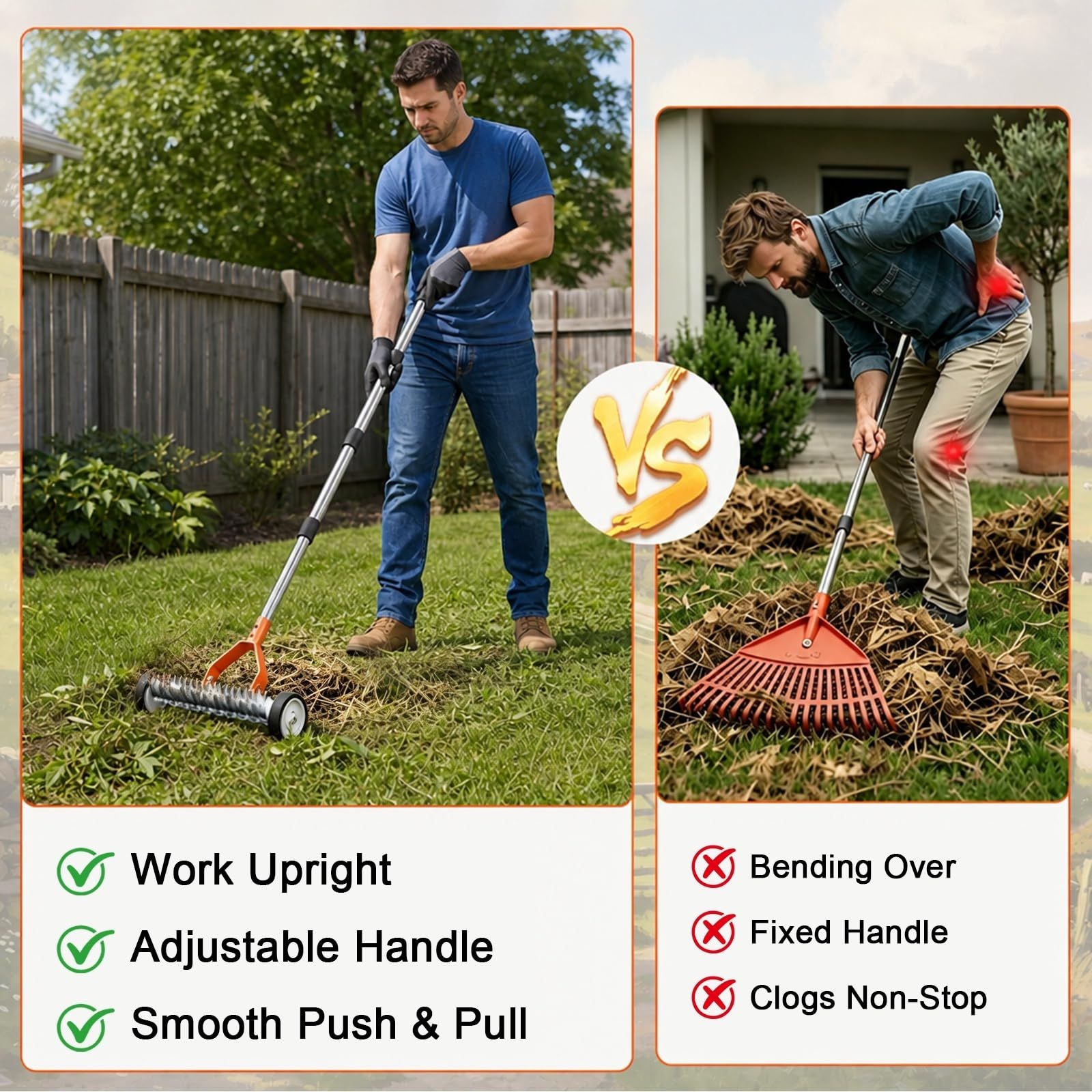 15-Inch Thatch Rake with Rollers, Heavy-Duty Steel Dethatcher Rake for Lawn
0-15° Adjustable Angle | 38-68 Inch Handle,Dethatching Rake for Dead Grass Removal And Lawn Care,Loosening Soil(Green)
