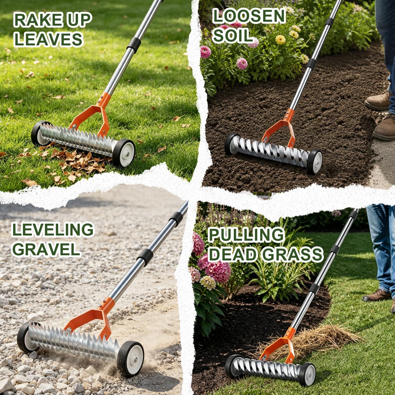 15-Inch Thatch Rake with Rollers, Heavy-Duty Steel Dethatcher Rake for Lawn
0-15° Adjustable Angle | 38-68 Inch Handle,Dethatching Rake for Dead Grass Removal And Lawn Care,Loosening Soil(Green)
