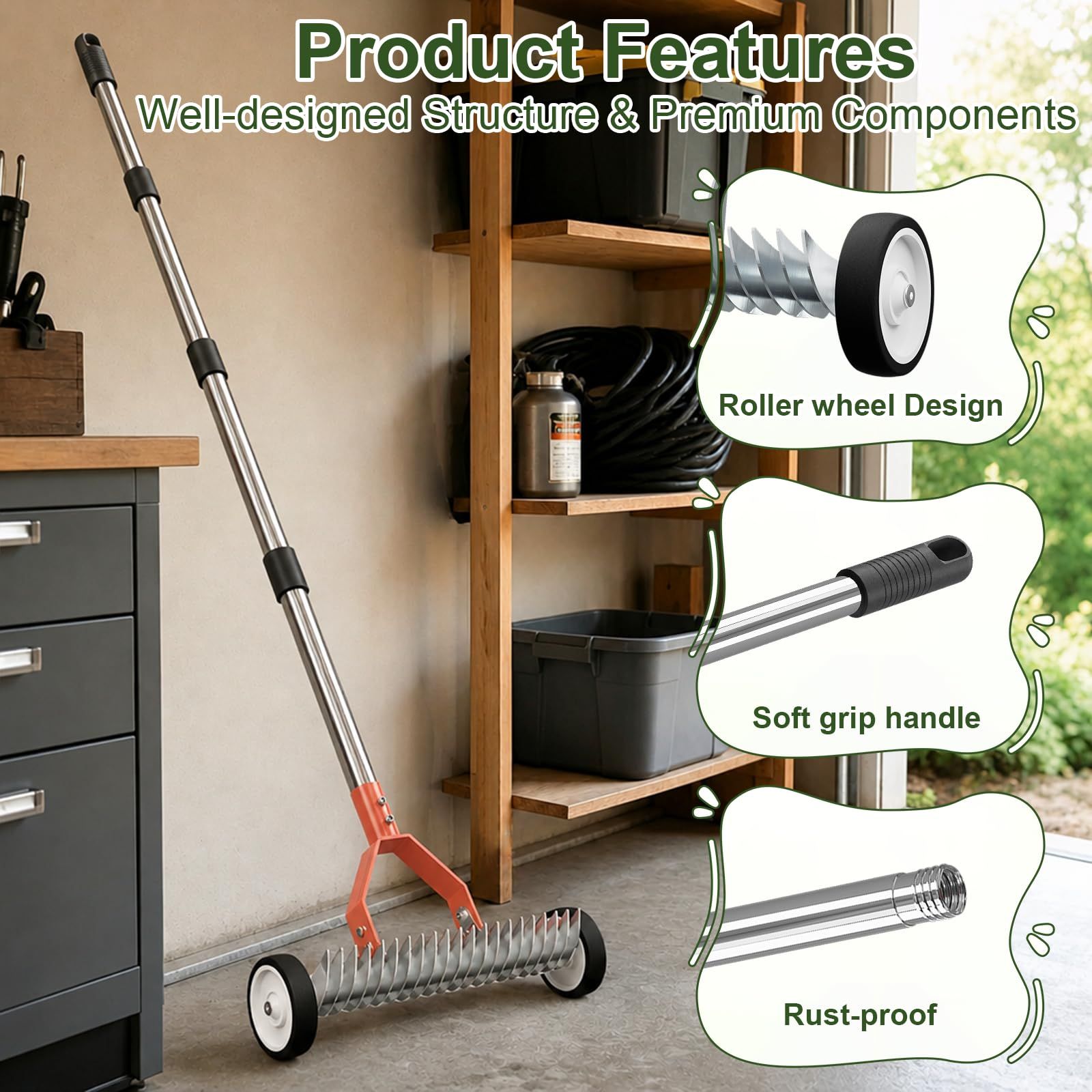 15-Inch Thatch Rake with Rollers, Heavy-Duty Steel Dethatcher Rake for Lawn
0-15° Adjustable Angle | 38-68 Inch Handle,Dethatching Rake for Dead Grass Removal And Lawn Care,Loosening Soil(Green)