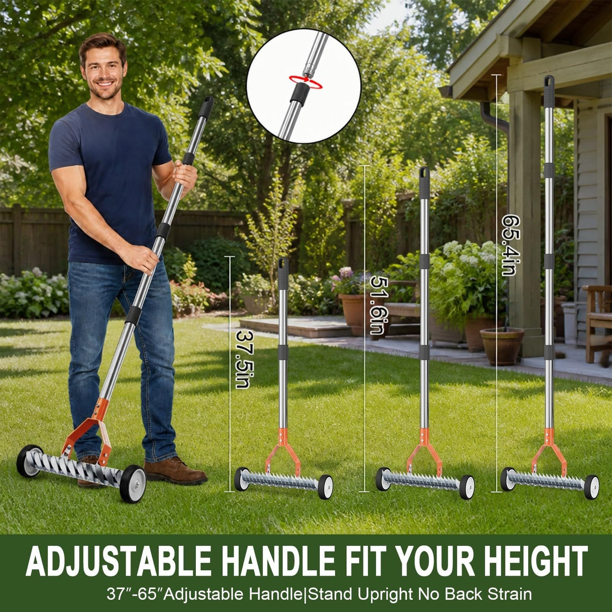 15-Inch Thatch Rake with Rollers, Heavy-Duty Steel Dethatcher Rake for Lawn
0-15° Adjustable Angle | 38-68 Inch Handle,Dethatching Rake for Dead Grass Removal And Lawn Care,Loosening Soil(Green)