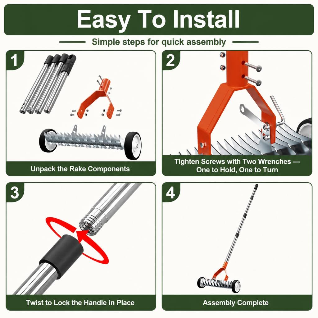 15-Inch Thatch Rake with Rollers, Heavy-Duty Steel Dethatcher Rake for Lawn
0-15° Adjustable Angle | 38-68 Inch Handle,Dethatching Rake for Dead Grass Removal And Lawn Care,Loosening Soil(Green)