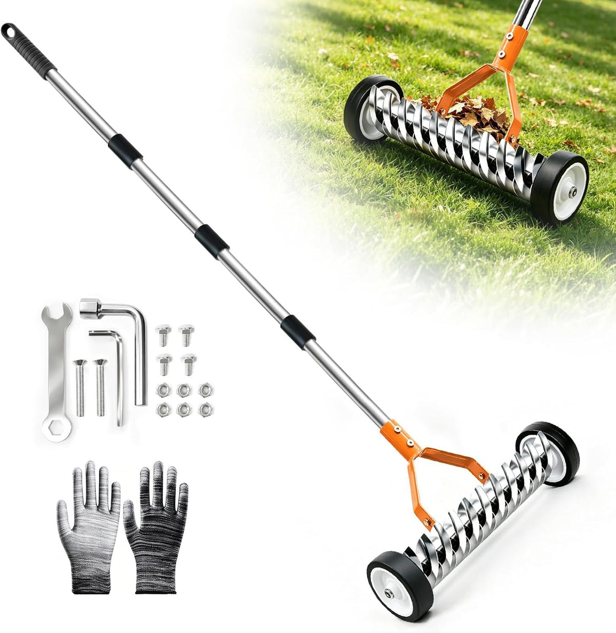 15-Inch Thatch Rake with Rollers, Heavy-Duty Steel Dethatcher Rake for Lawn
0-15° Adjustable Angle | 38-68 Inch Handle,Dethatching Rake for Dead Grass Removal And Lawn Care,Loosening Soil(Green)