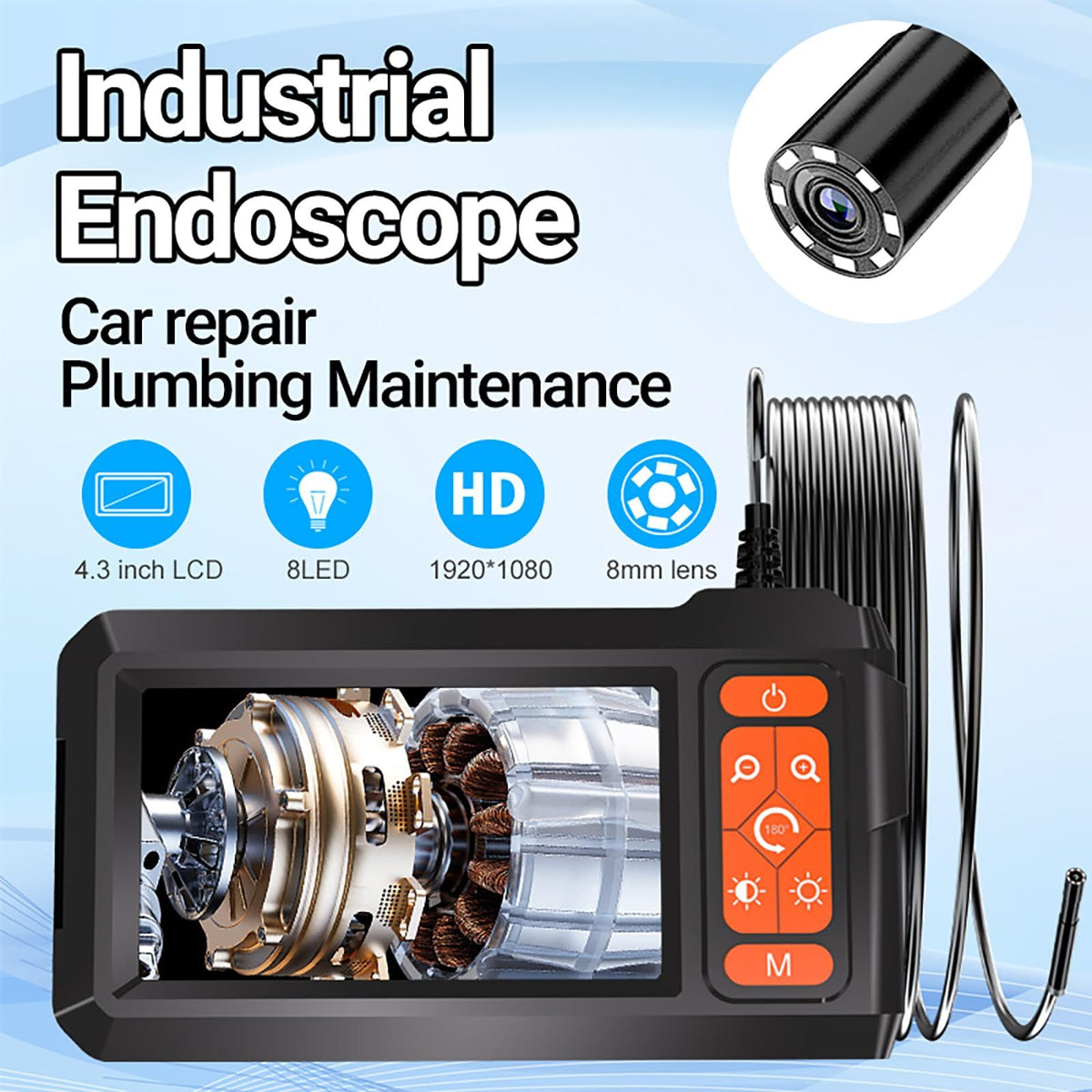 8mm-10M Industrial Endoscope Camera with Light, 4.3‘’ Screen, 8mm Scope IP67 Waterproof Borescope, 2600mAh Battery Inspection Camera for Automotive, Plumbing, HVAC, Wall, Pipe(black)