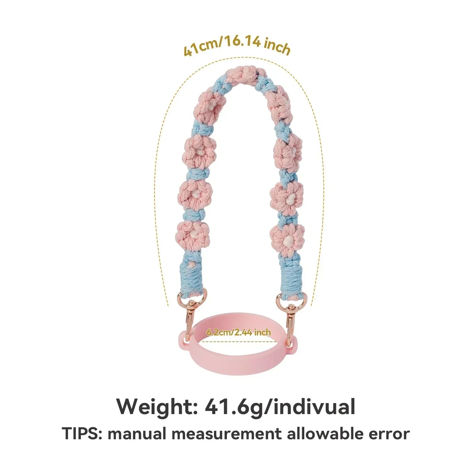 Hand-Woven Flower Water Bottle Strap with Silicone Ring 41cm/16.14 inch – Universal Cup Holder for 14oz, 30oz, and 40oz Stanley Tumblers, Adjustable Shoulder Strap with Rose Gold Clips and Net Pouch (Pink)
