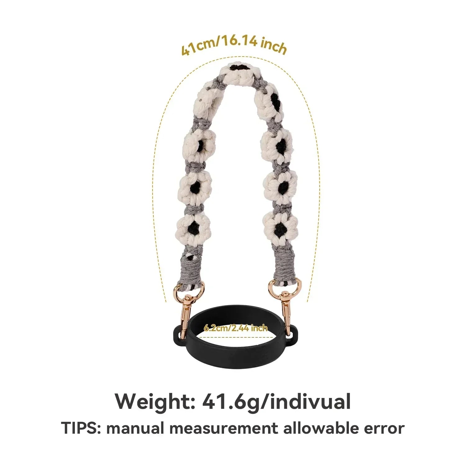Hand-Woven Flower Water Bottle Strap with Silicone Ring 41cm/16.14 inch – Universal Cup Holder for 14oz, 30oz, and 40oz Stanley Tumblers, Adjustable Shoulder Strap with Rose Gold Clips and Net Pouch (Black)