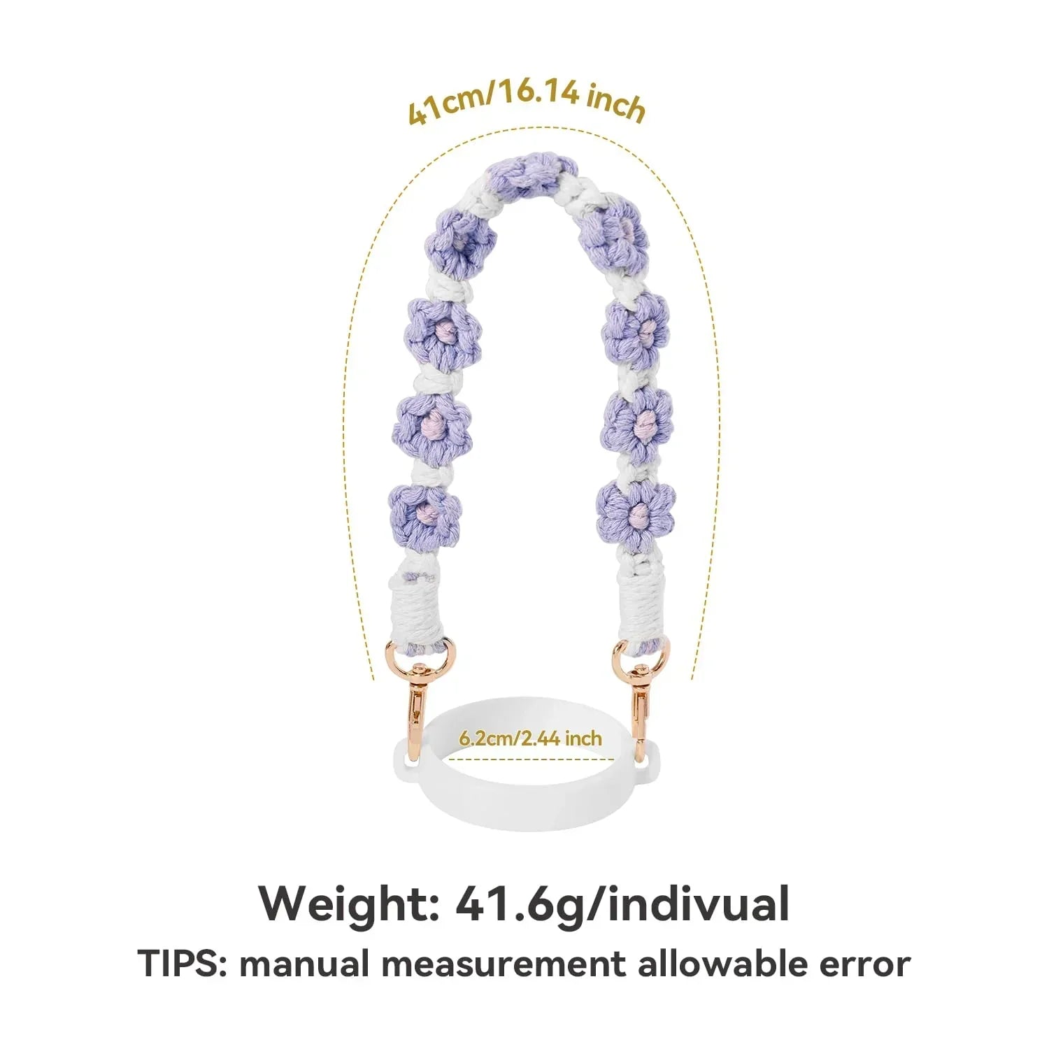 Hand-Woven Flower Water Bottle Strap with Silicone Ring 41cm/16.14 inch – Universal Cup Holder for 14oz, 30oz, and 40oz Stanley Tumblers, Adjustable Shoulder Strap with Rose Gold Clips and Net Pouch (Purple)