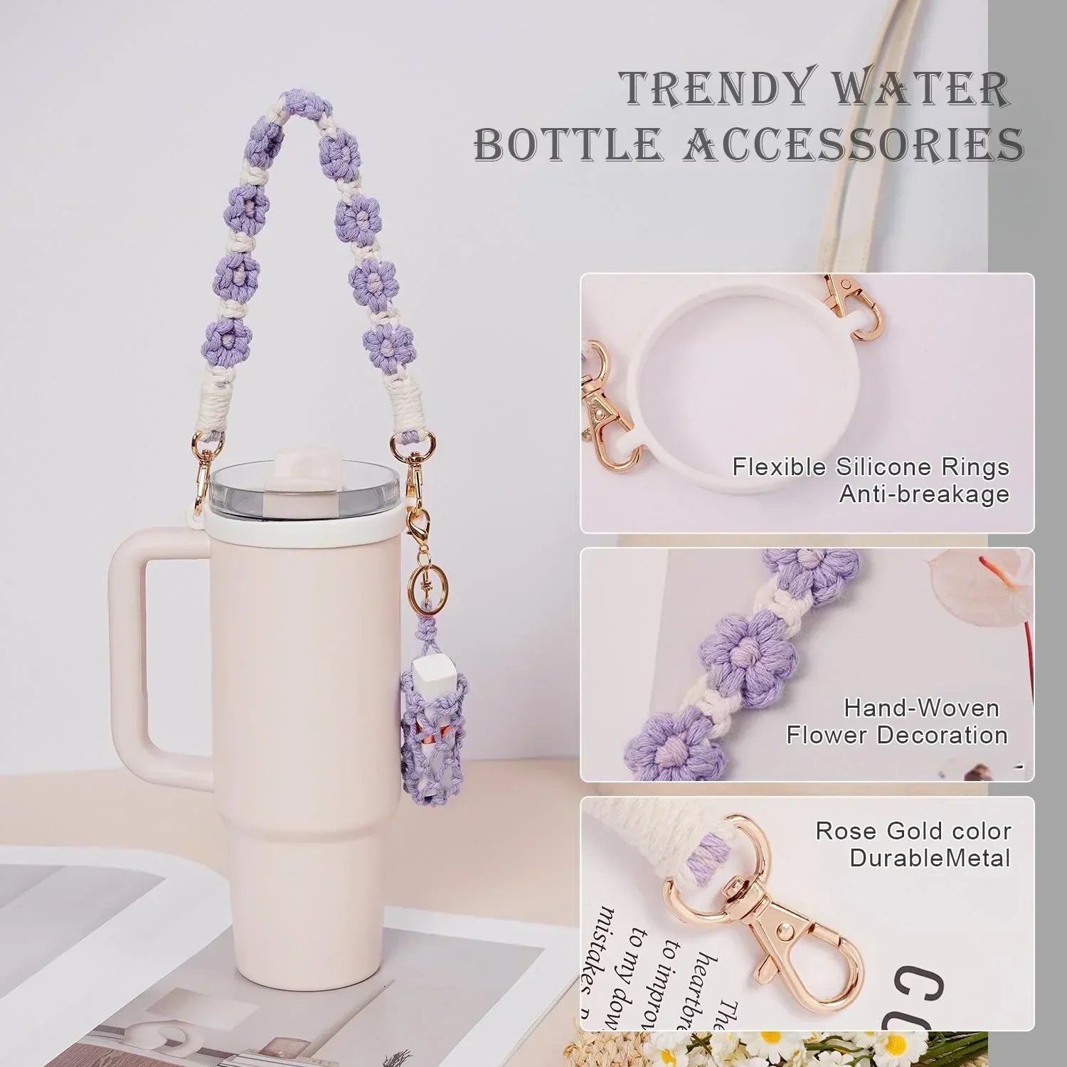 Hand-Woven Flower Water Bottle Strap with Silicone Ring 41cm/16.14 inch – Universal Cup Holder for 14oz, 30oz, and 40oz Stanley Tumblers, Adjustable Shoulder Strap with Rose Gold Clips and Net Pouch (Purple)