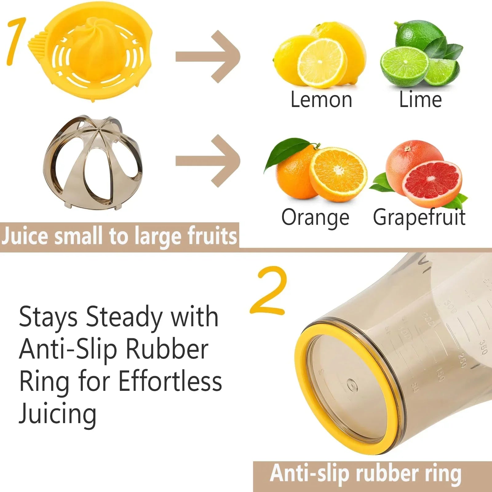 Handheld Citrus Juicer with Dual Reamer & 20oz Measuring Cup – Manual Lemon, Lime, Orange, Grapefruit Squeezer with Anti-Slip Base and Filtered Spout (Yellow)