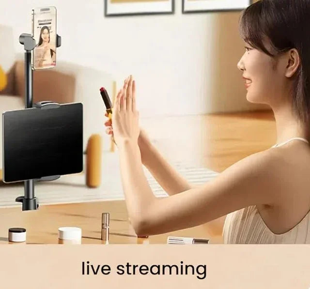 Floor Standing Phone Tripod with Swan Neck Arm – Includes Phone Clamp & Selfie Remote, Multi-Angle Stand for Live Streaming, Food Photography, Vlogging (Black)