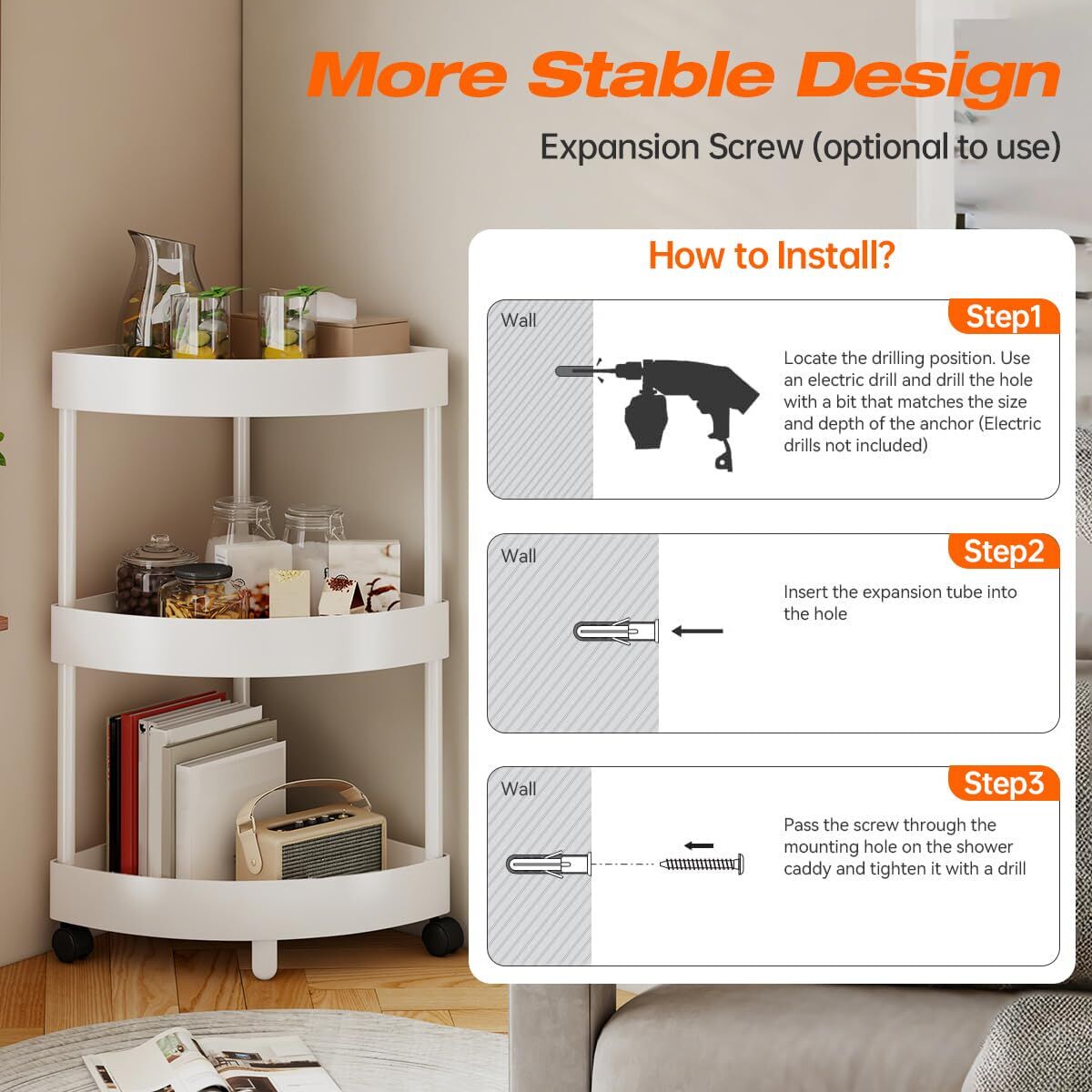 White Corner Storage Shelf – 3-Tier Rolling Organizer for Bathroom, Kitchen & Bedroom | Space-Saving Aluminum Rack with Wheels | Black Available In-Store