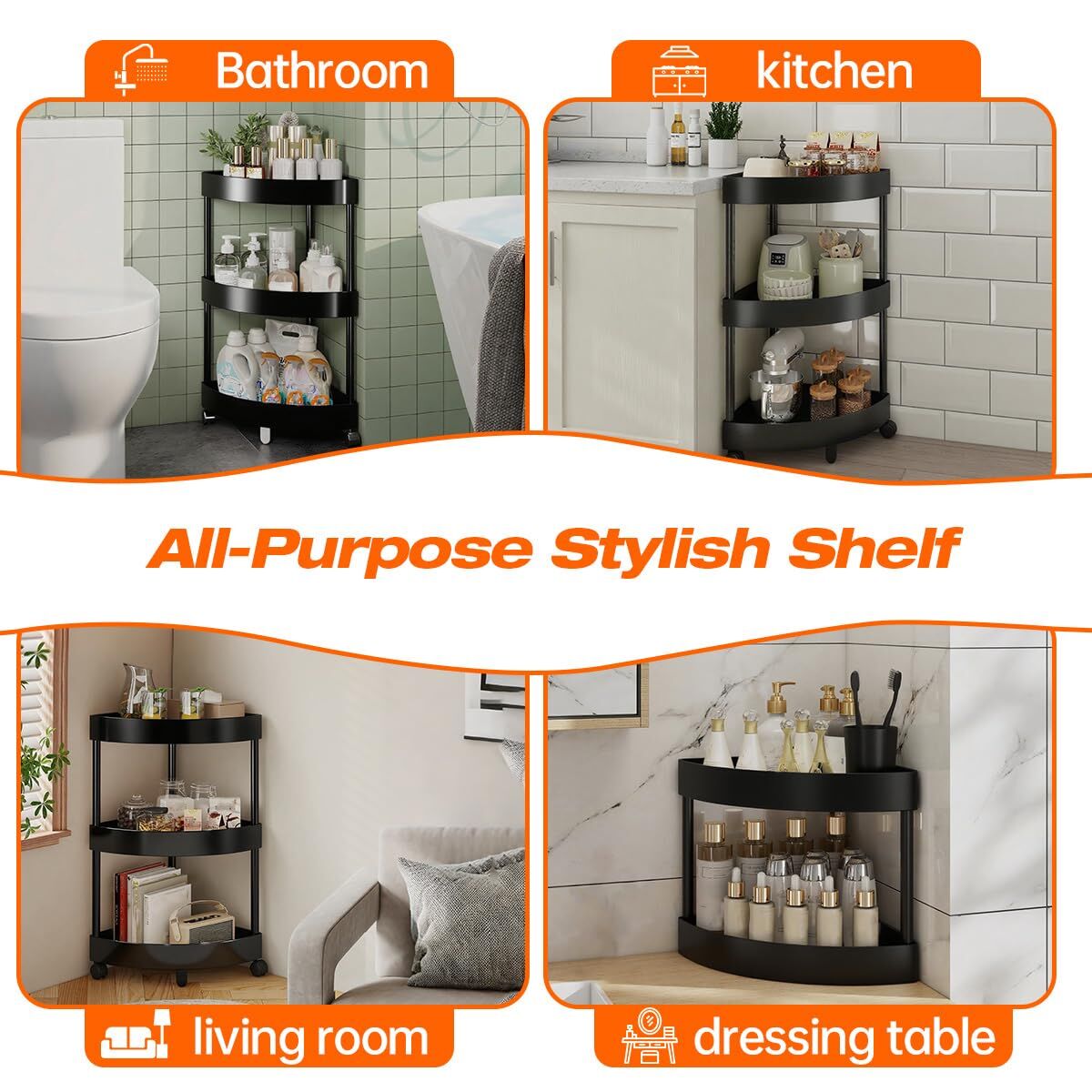 Black Corner Storage Shelf – 3-Tier Rolling Organizer for Bathroom, Kitchen & Bedroom | Space-Saving Aluminum Rack with Wheels | White Available In-Store