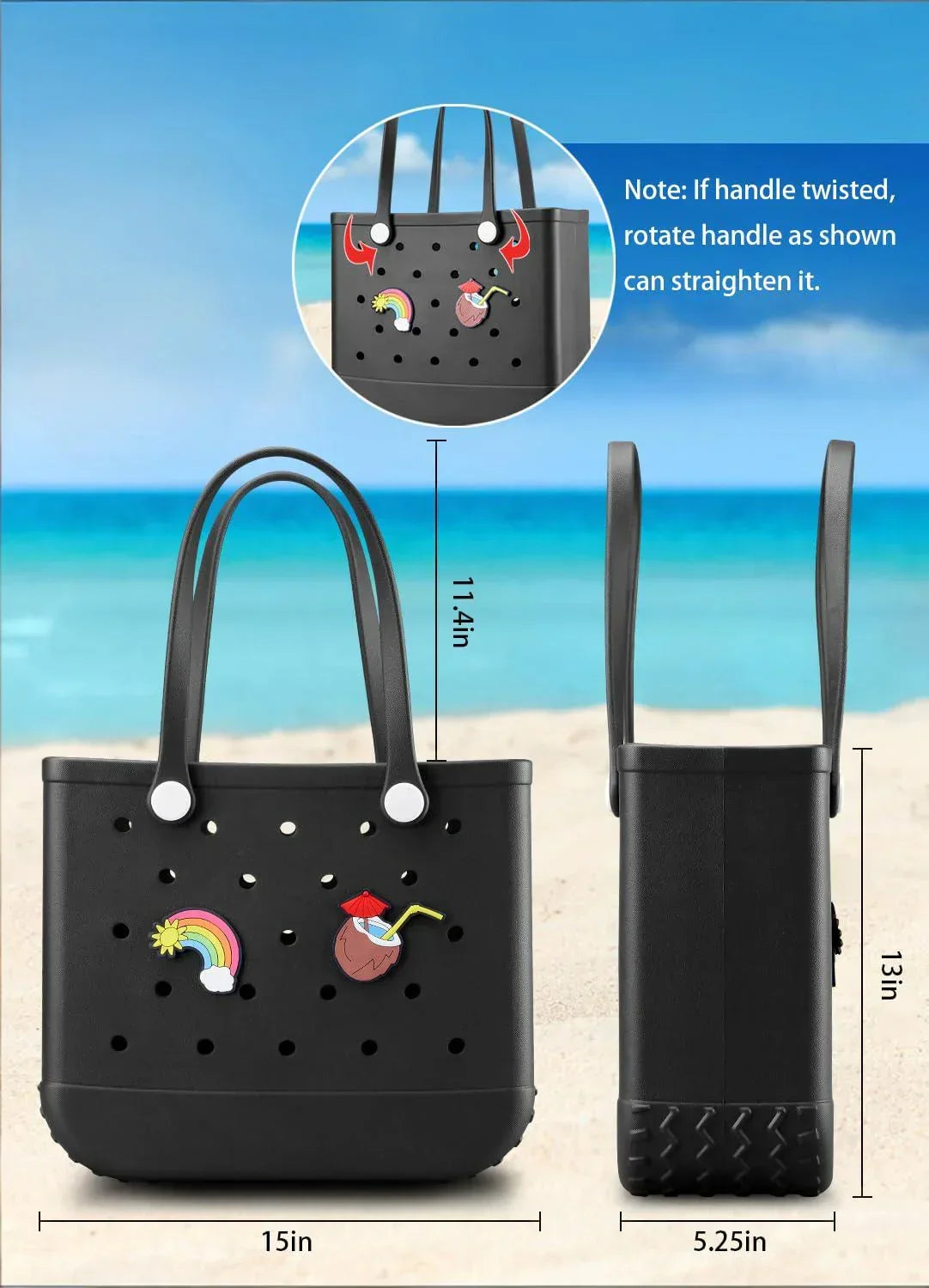 EVA Beach Tote Bag for Swimming, Pool & Travel – Waterproof Washable Rubber Handbag with 2 Random Charms, Lightweight & Sand-Resistant (Black) | Other Colors Available in Store