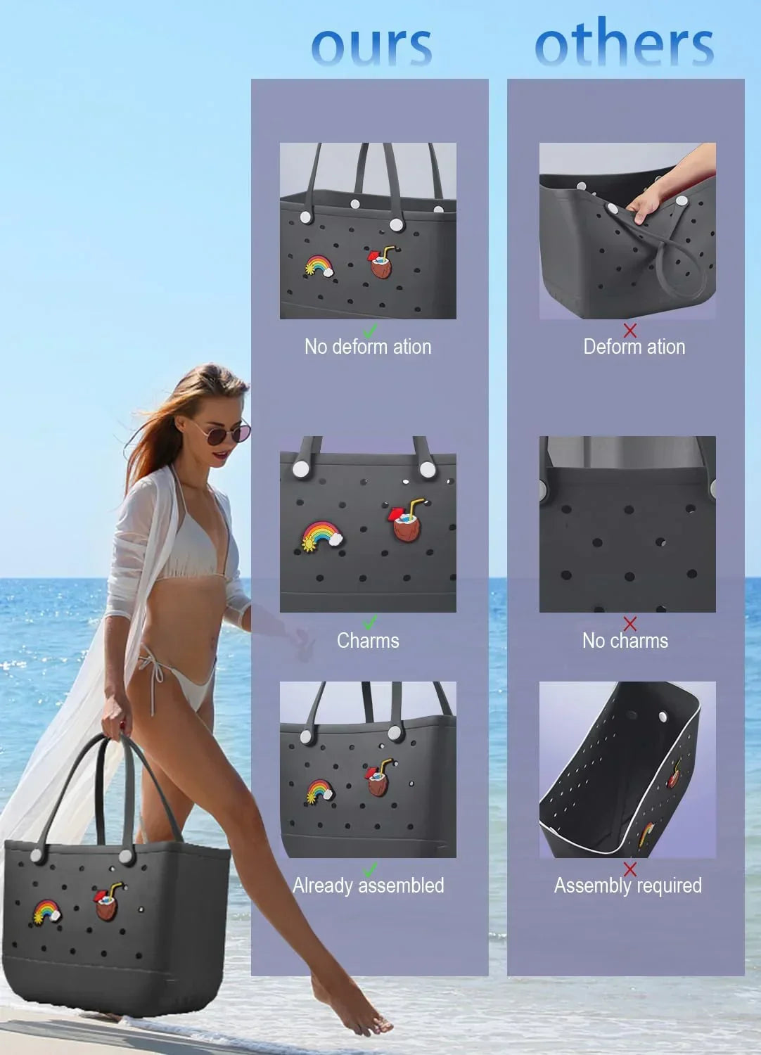 EVA Beach Tote Bag for Swimming, Pool & Travel – Waterproof Washable Rubber Handbag with 2 Random Charms, Lightweight & Sand-Resistant (Black) | Other Colors Available in Store